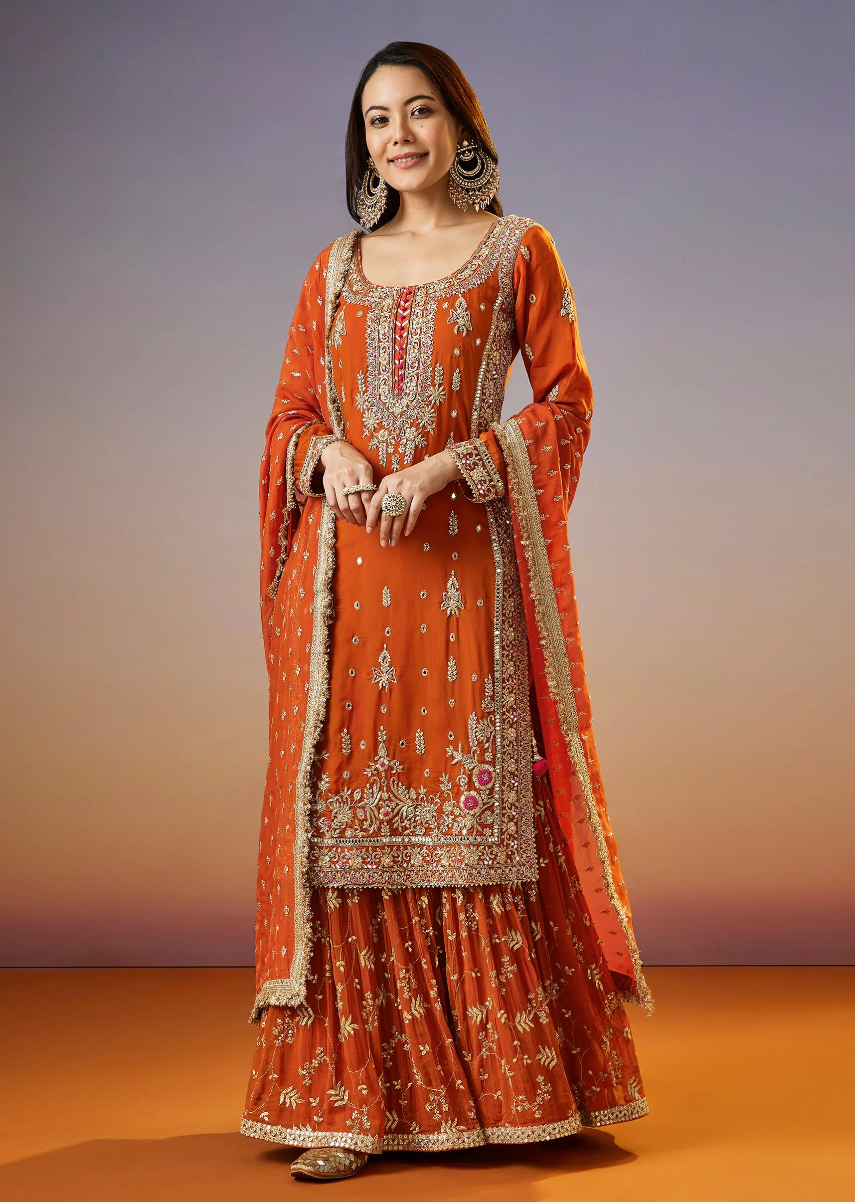 Orange Zardosi Sharara Suit With Organza Dupatta - Image 3
