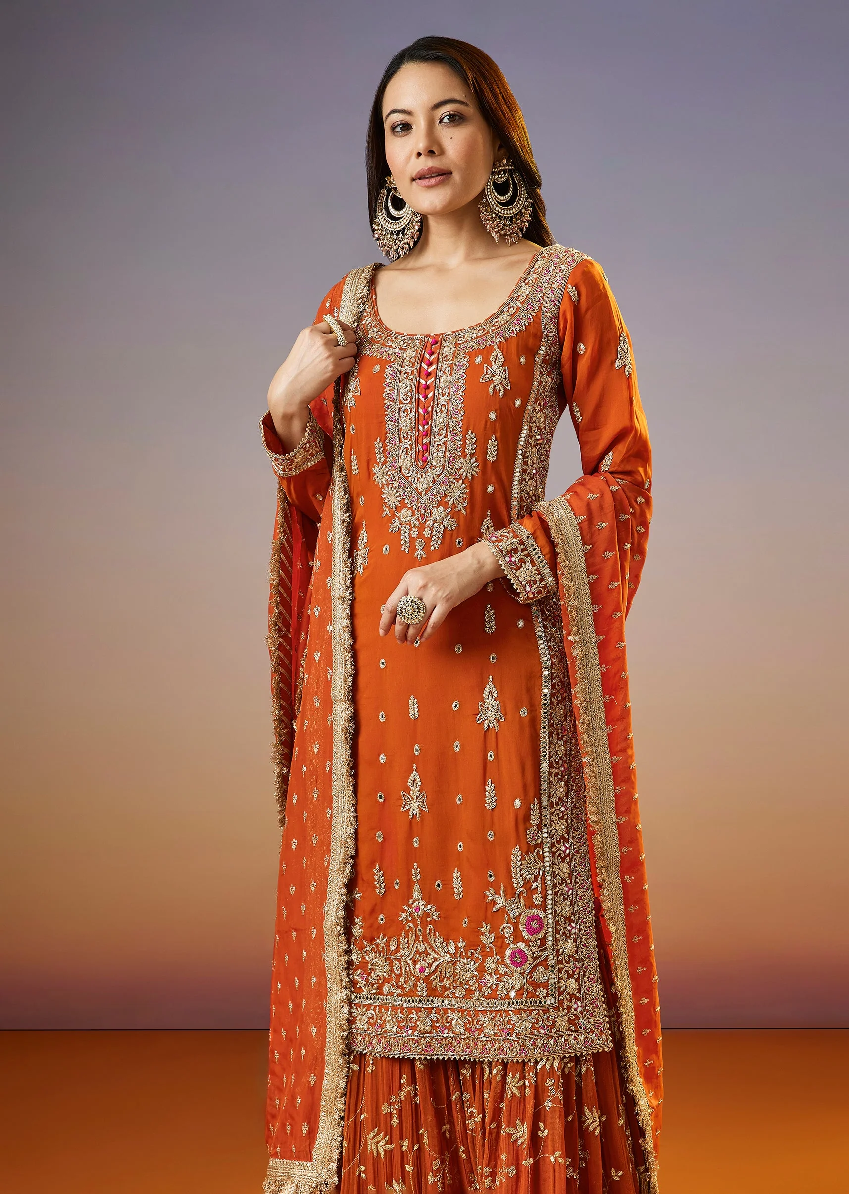 Orange Zardosi Sharara Suit With Organza Dupatta - Image 4