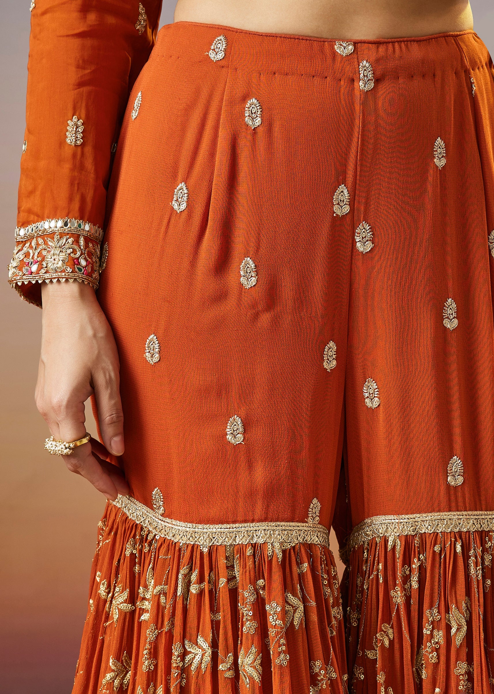 Orange Zardosi Sharara Suit With Organza Dupatta - Image 7