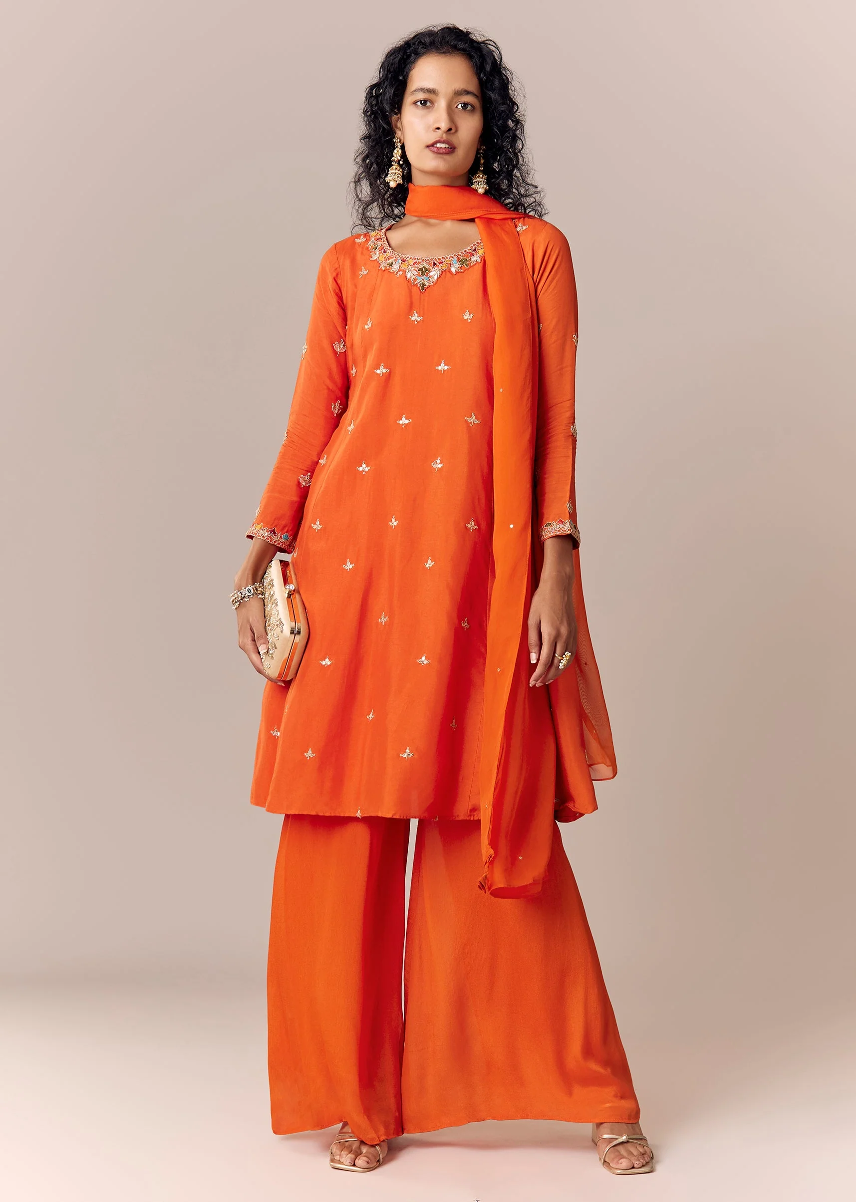 Orange Zari Work Anarkali Palazzo Set With Dupatta - Image 3