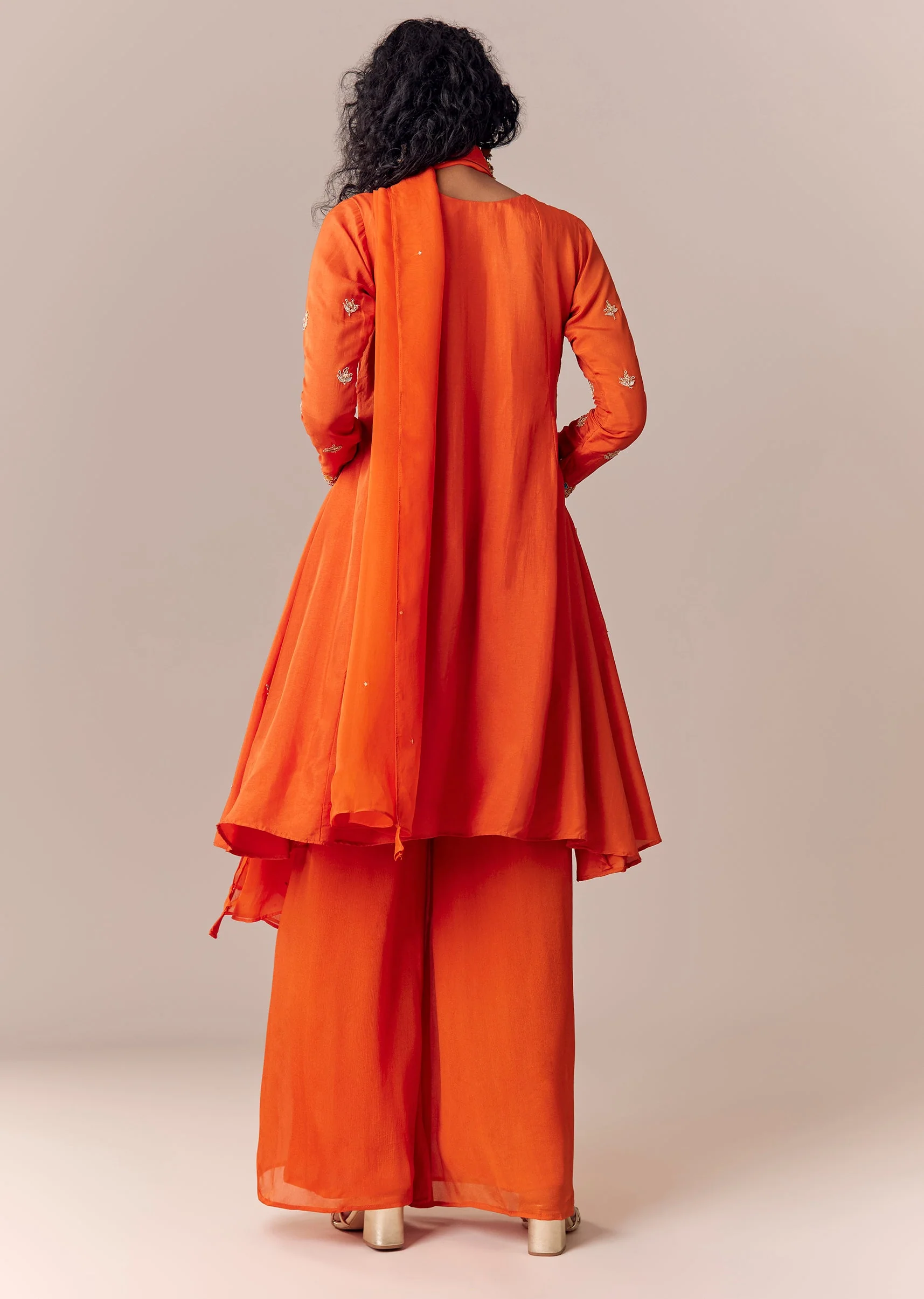 Orange Zari Work Anarkali Palazzo Set With Dupatta - Image 5