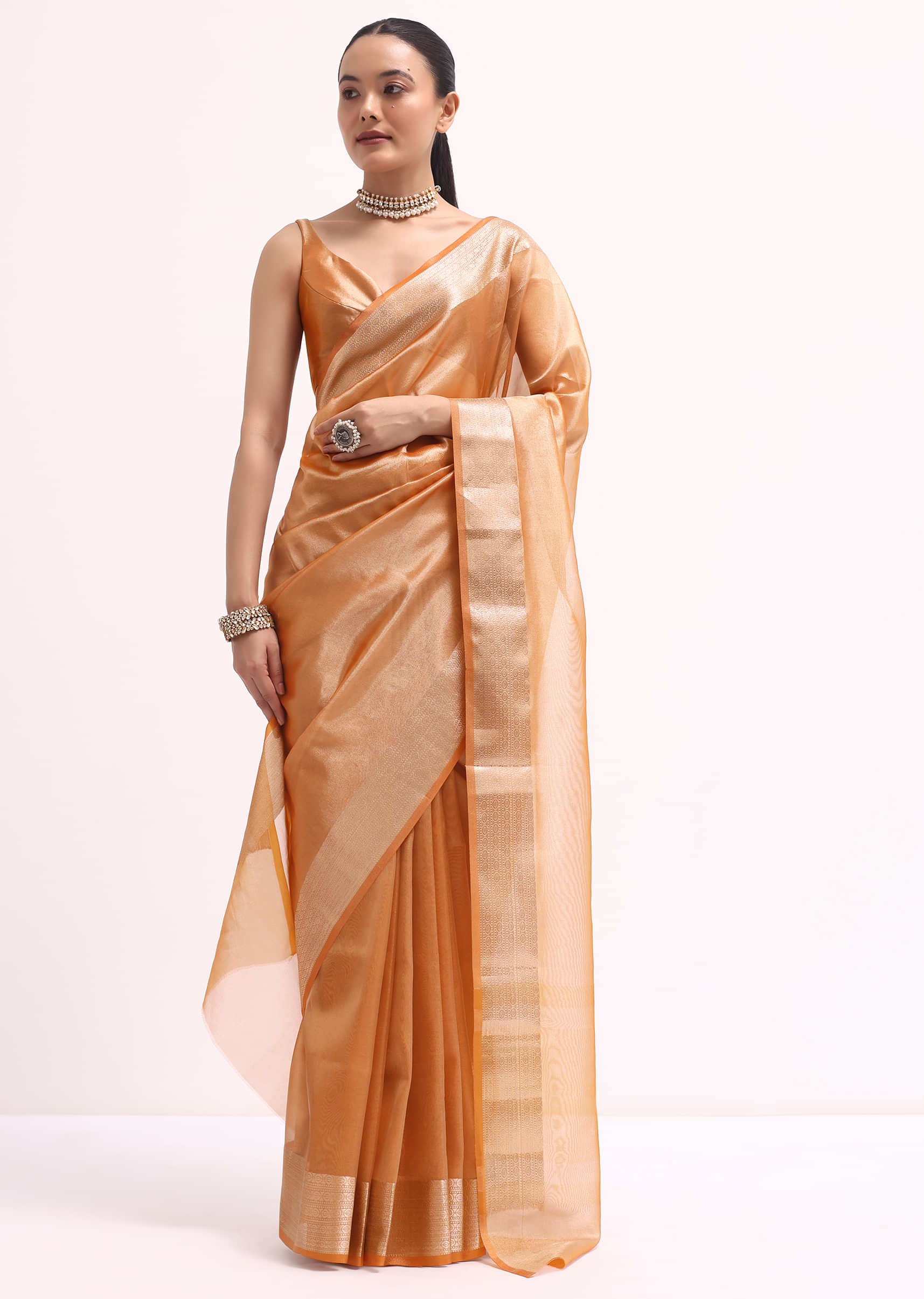 Orangish Gold Zari Chanderi Silk Saree With Unstitched Blouse - Image 4