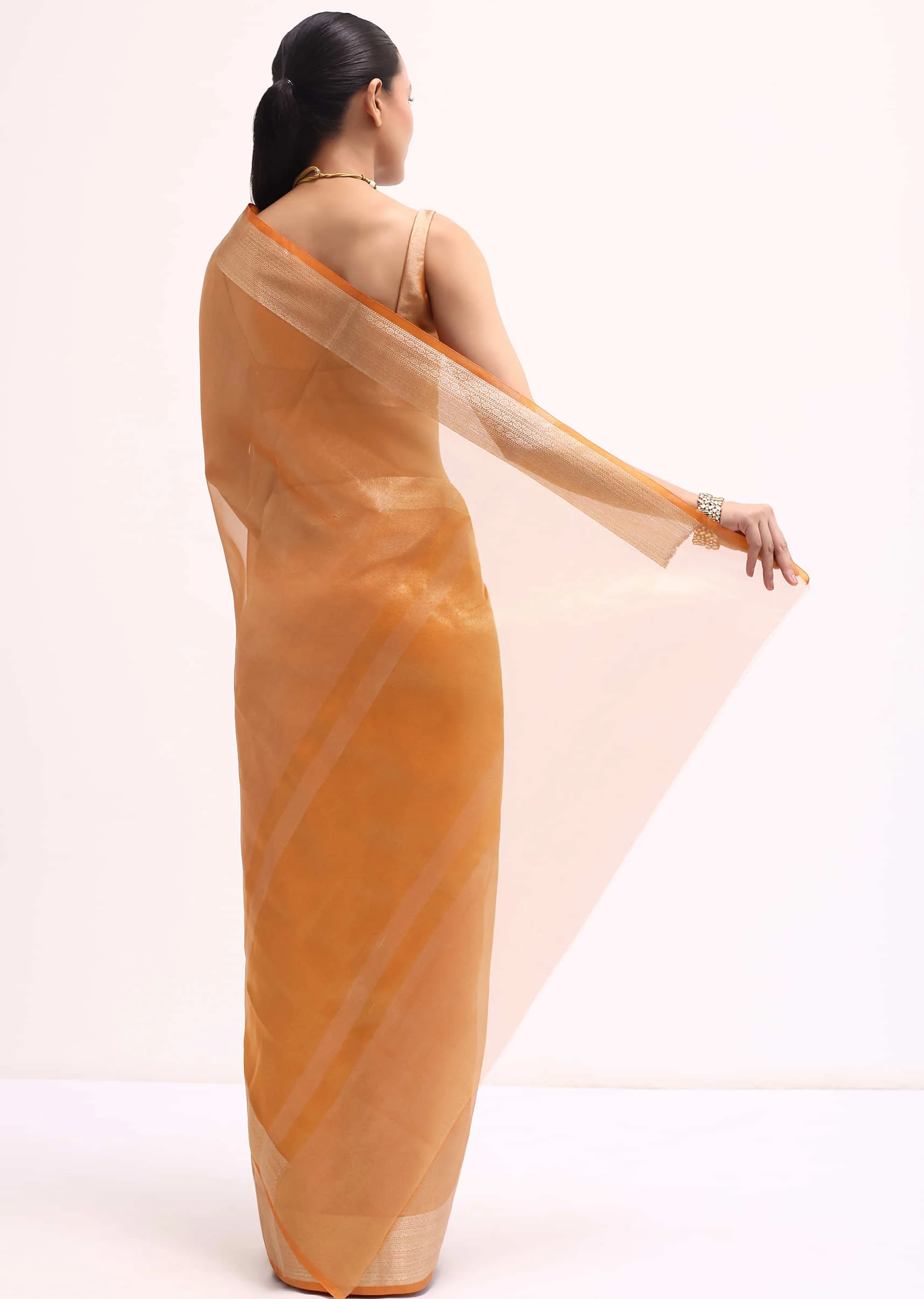 Orangish Gold Zari Chanderi Silk Saree With Unstitched Blouse - Image 5