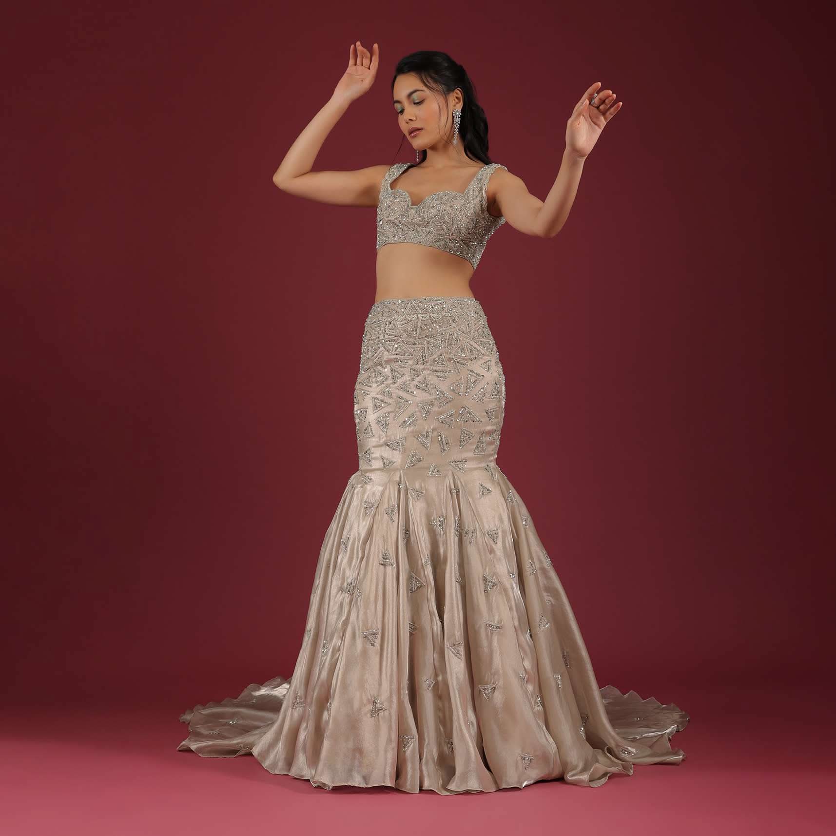 Organza Oyster Mermaid Lehenga With A Stone Motif Veil And Crop Top - Image 2