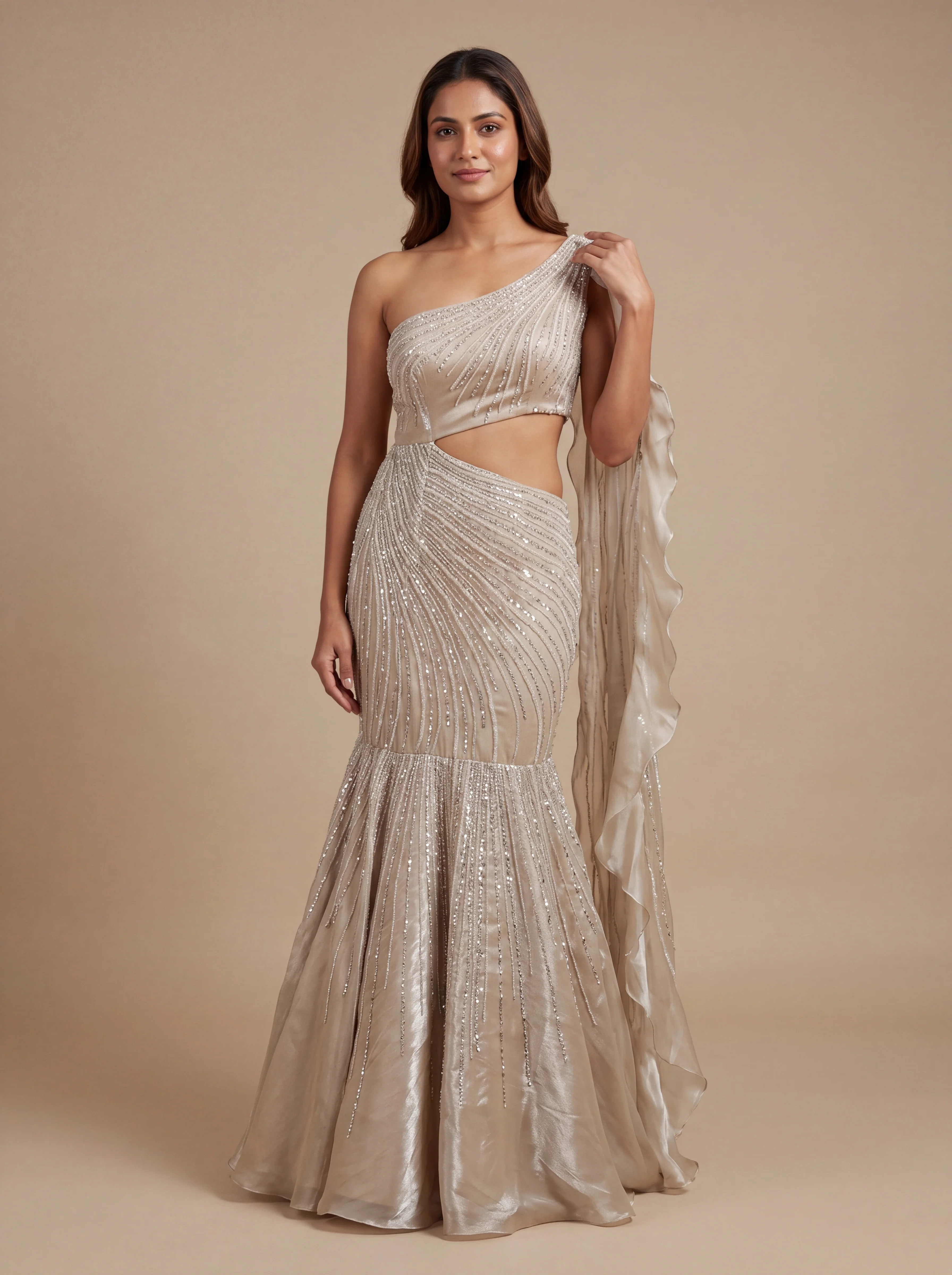Oyster Contemporary Bridal Gown With Sheer Embroidery  Fitted Silhouette