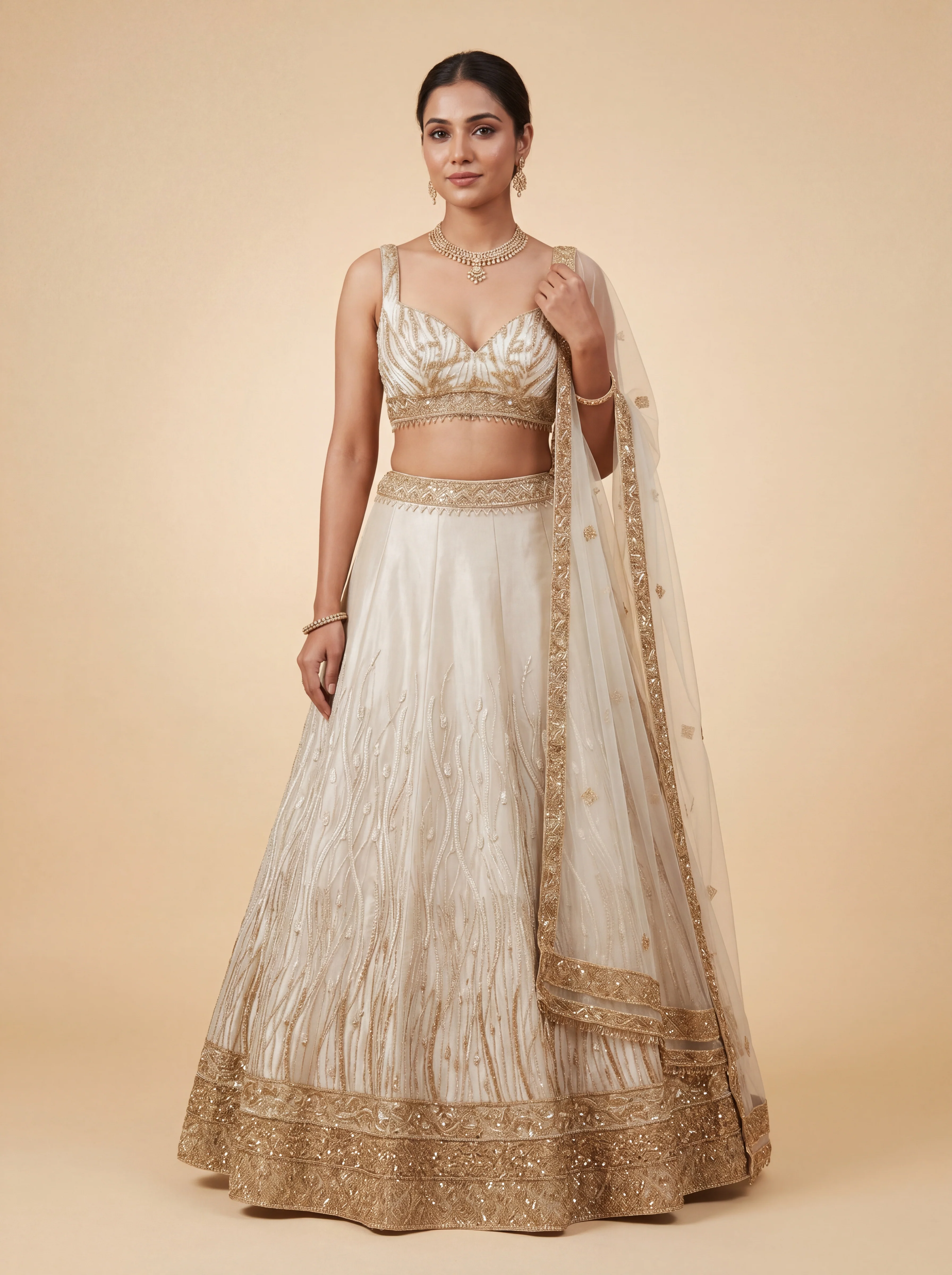Oyster Contemporary Bridal Lehenga With Crop Top  Embellished Skirt