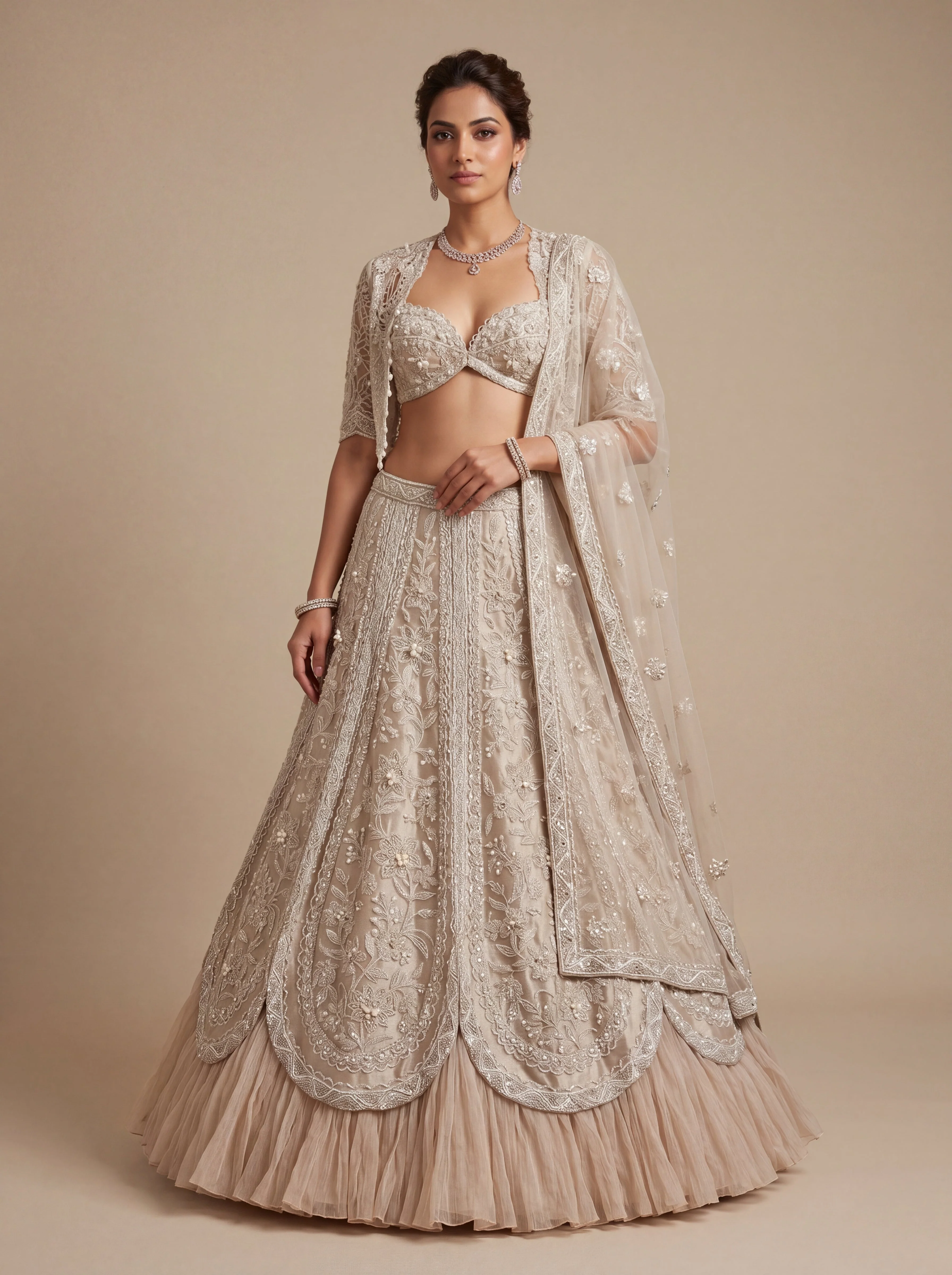 Oyster Contemporary Bridal Lehenga With Delicate Embroidery  Flare