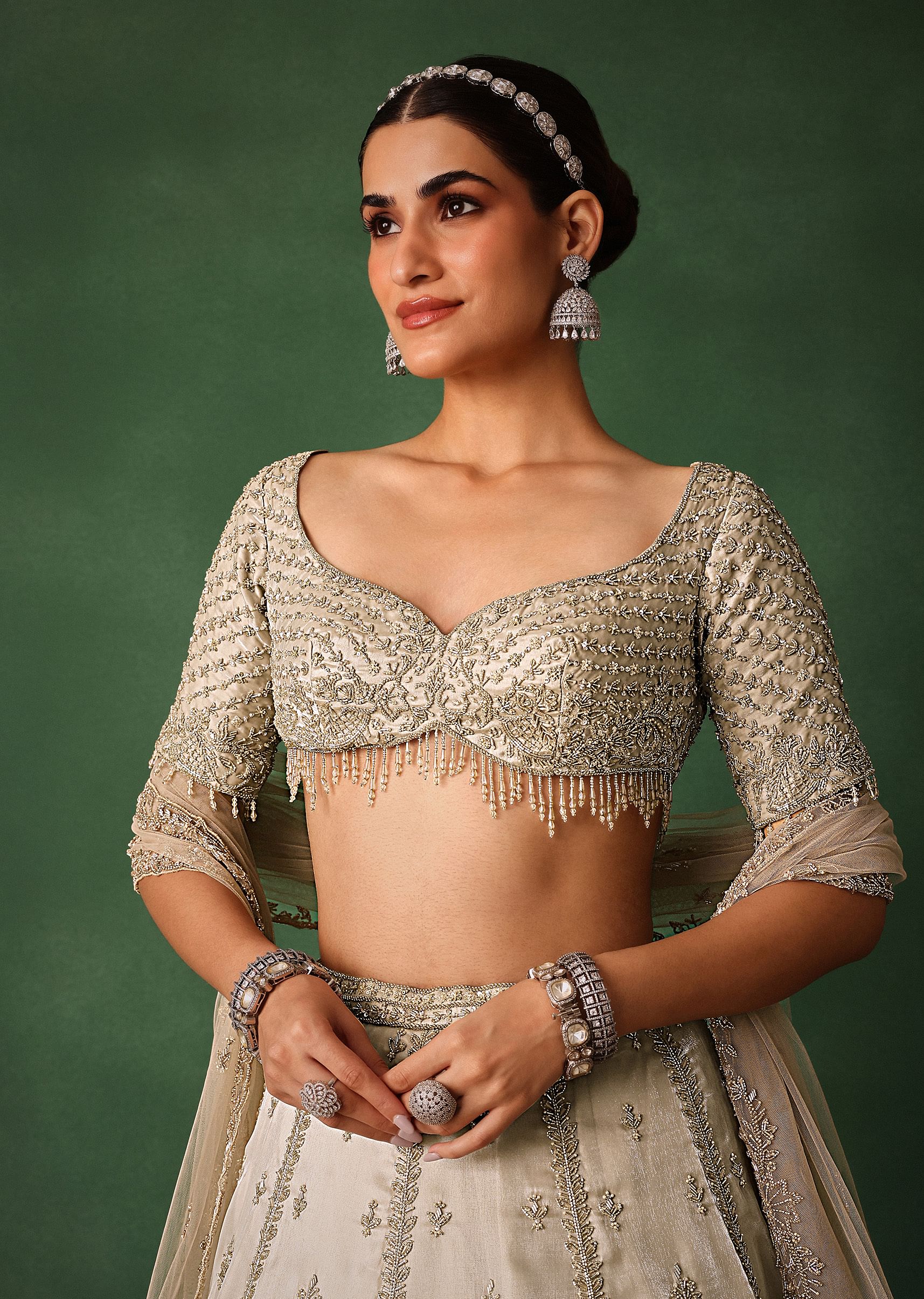 Oyster Hand Embroidered Organza Lehenga Set With Cutdana Work - Image 2