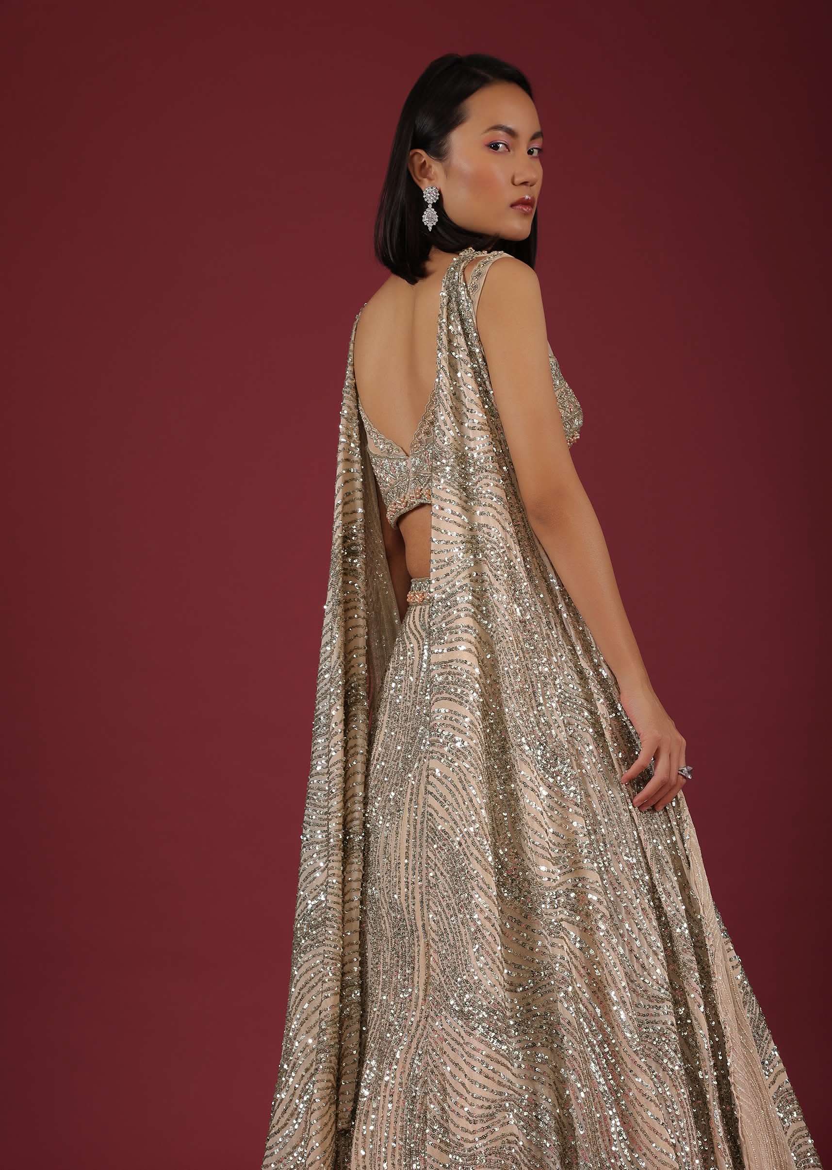 Oyster Net Lehenga And Crop Top With 3D Petal Motifs And An Open Back - Image 4