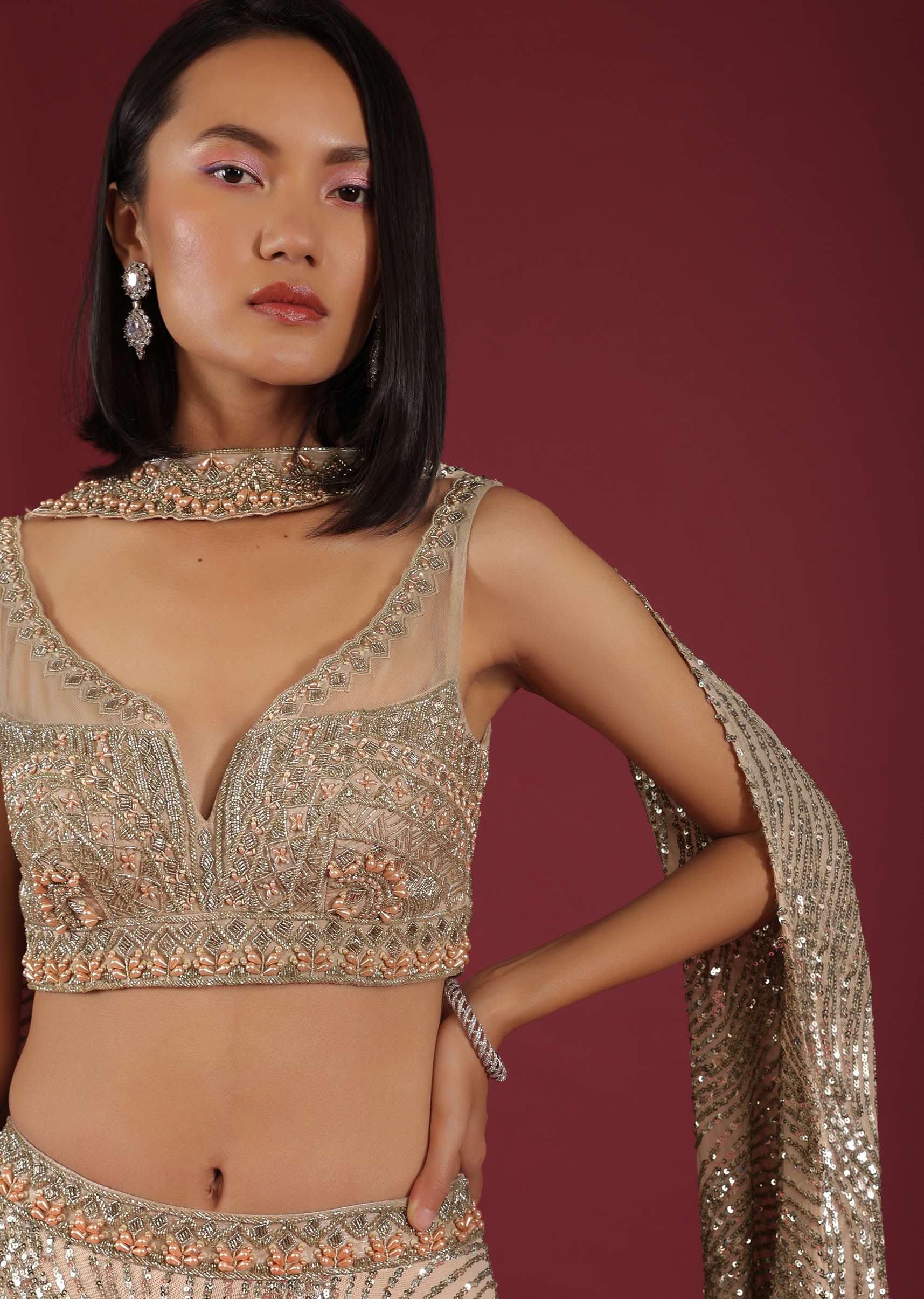Oyster Net Lehenga And Crop Top With 3D Petal Motifs And An Open Back - Image 5