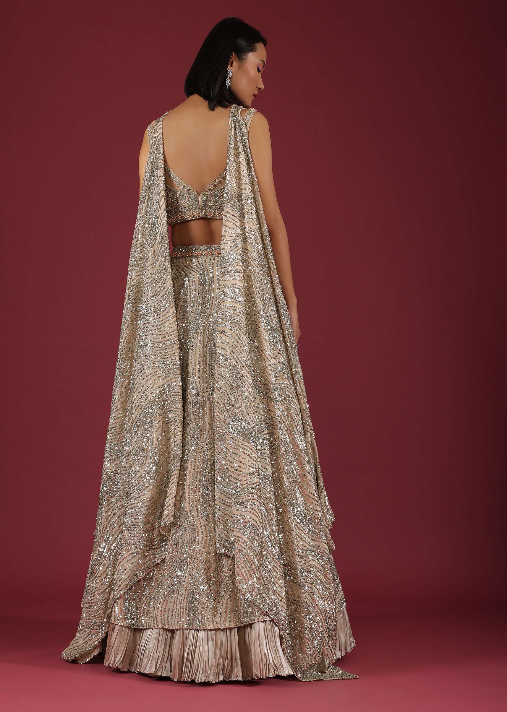 Oyster Net Lehenga And Crop Top With 3D Petal Motifs And An Open Back - Image 6