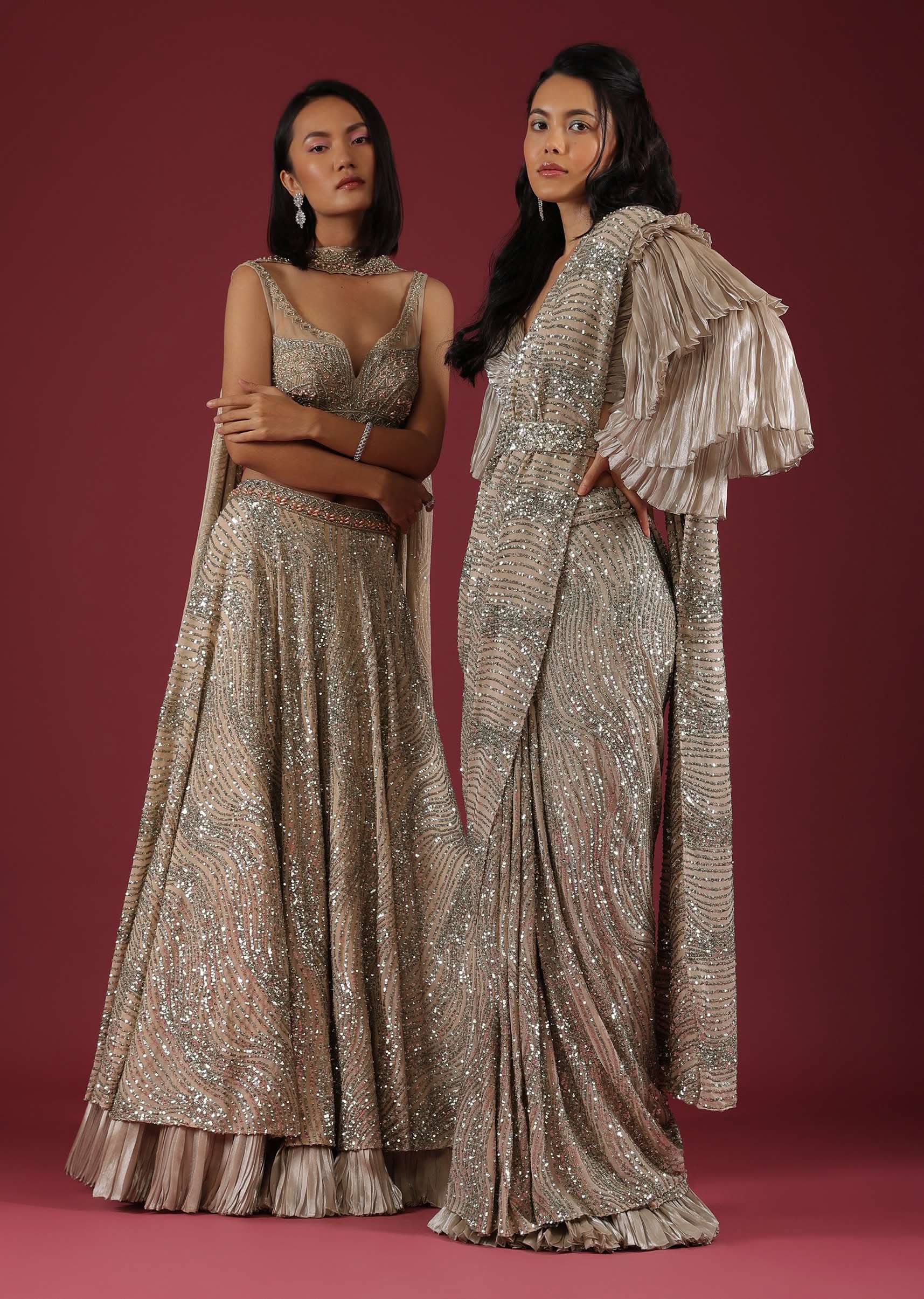 Oyster Net Lehenga And Crop Top With 3D Petal Motifs And An Open Back - Image 7