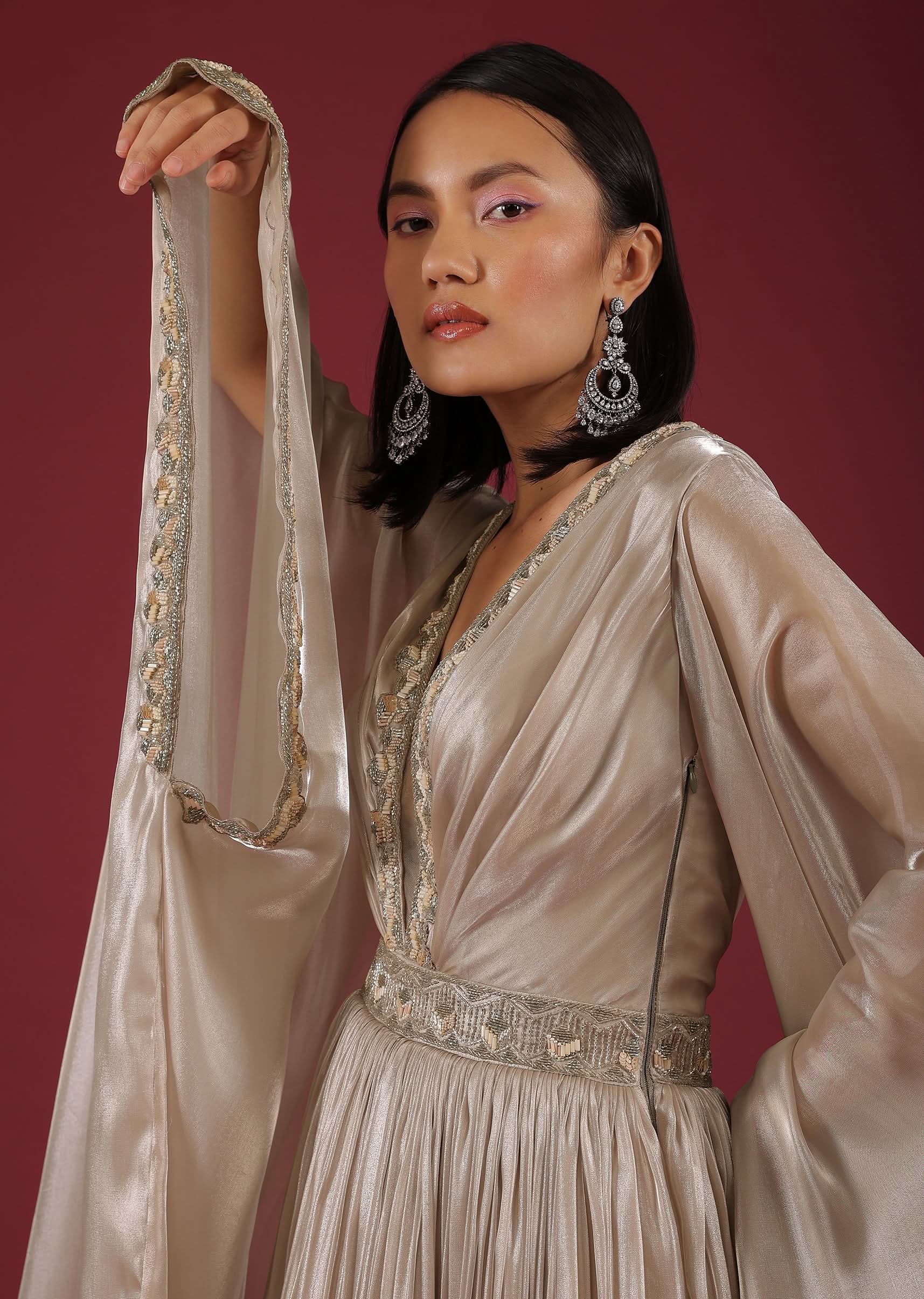 Oyster Organza Gown In Wide Sleeves, Crafted In Tissue Organza In A Deep V Neckline - Image 3