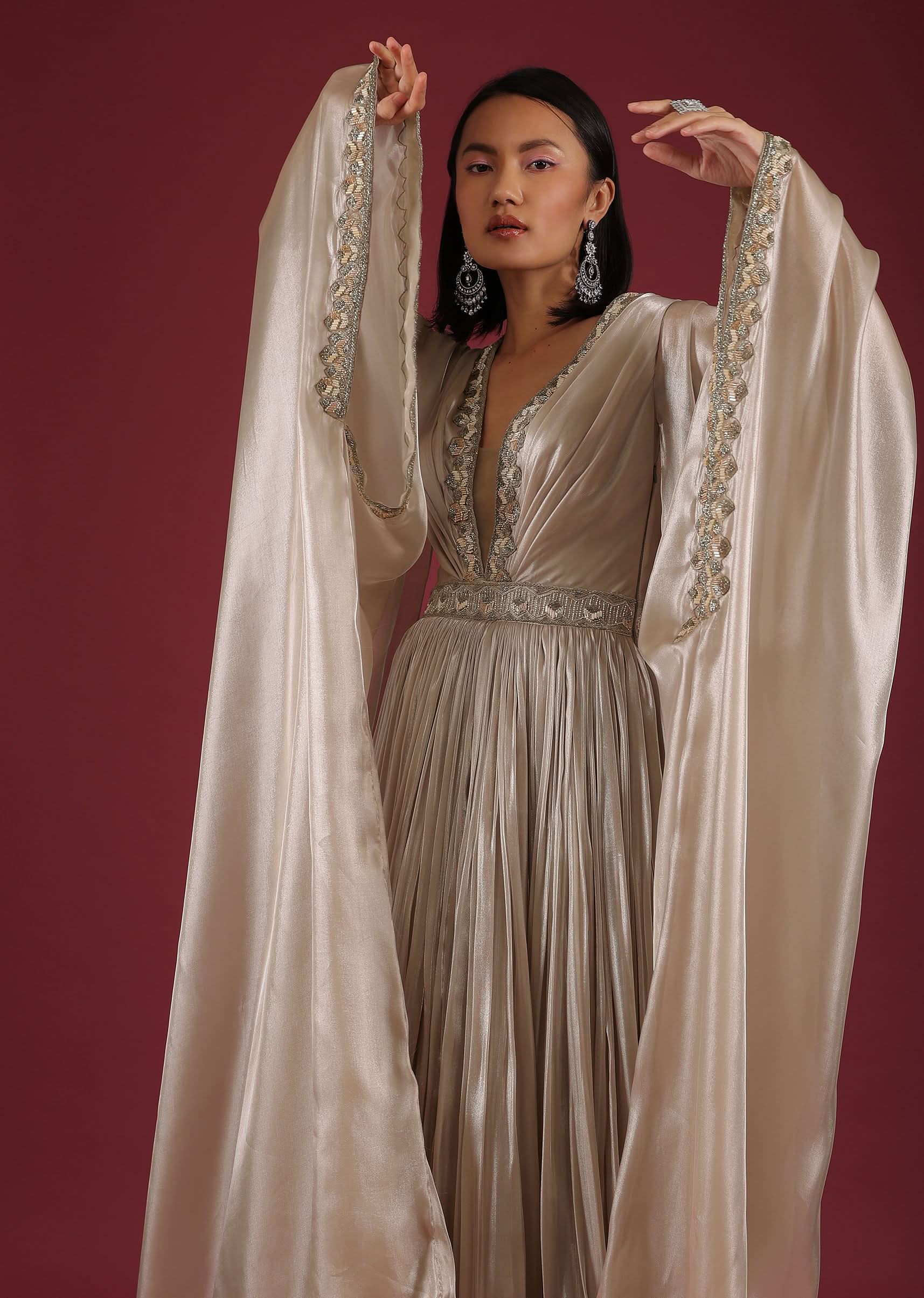 Oyster Organza Gown In Wide Sleeves, Crafted In Tissue Organza In A Deep V Neckline - Image 4