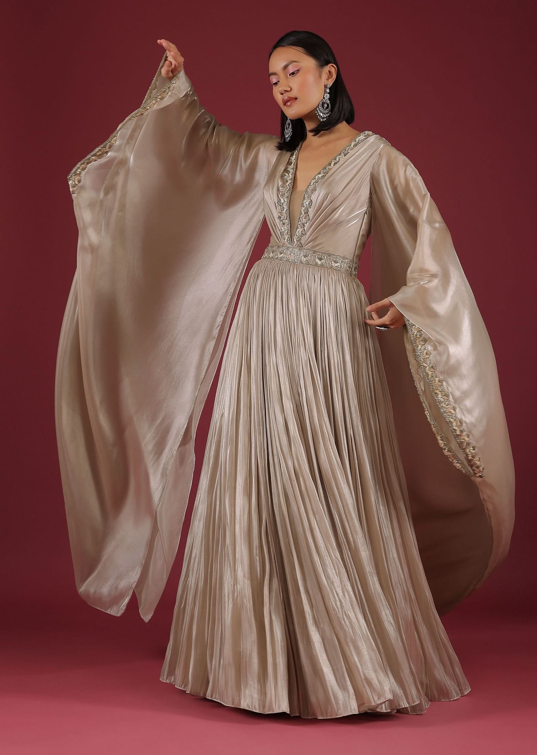 Oyster Organza Gown In Wide Sleeves, Crafted In Tissue Organza In A Deep V Neckline - Image 5