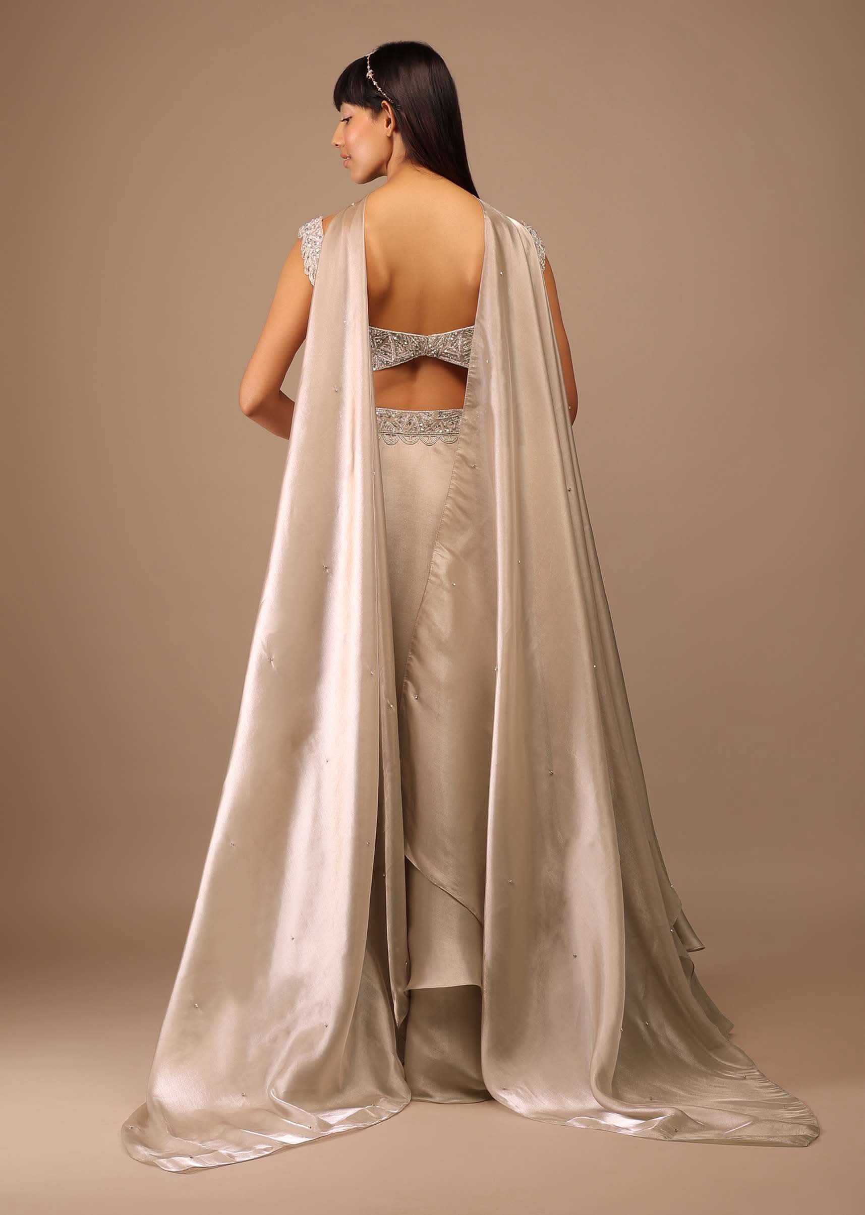 Oyster Organza Layered Skirt With Sleeveless Hand Embroidered Crop Top - Image 5