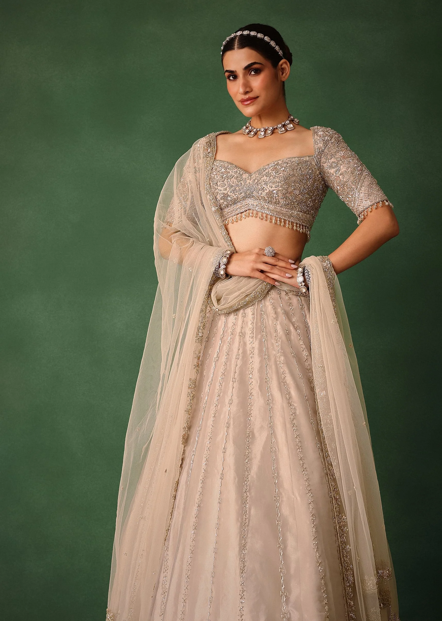 Oyster Pink Hand Embroidered Organza Lehenga Set - Image 5
