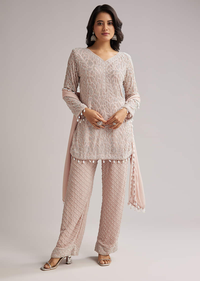 Pale Pink Beaded Kurti Pant Set With Dupatta - Image 2