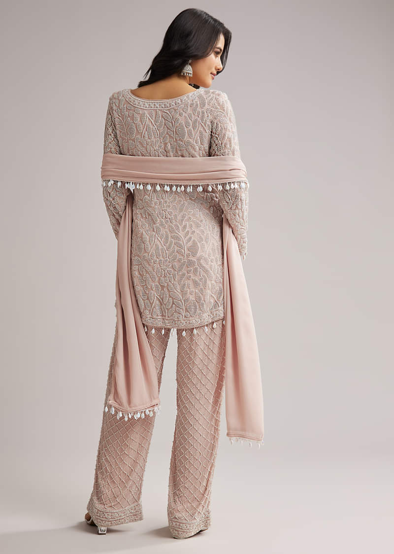Pale Pink Beaded Kurti Pant Set With Dupatta - Image 5