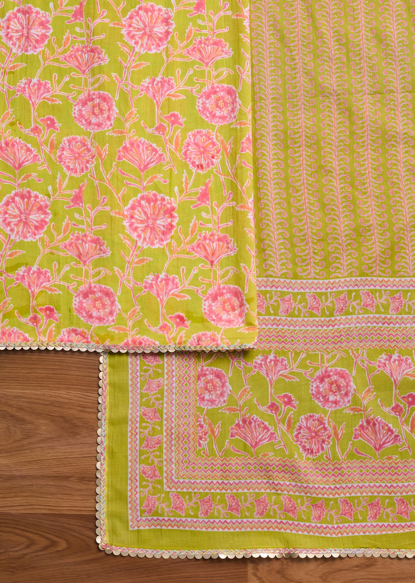 Parrot Green Cotton Printed Unstitched Suit Set - Image 3