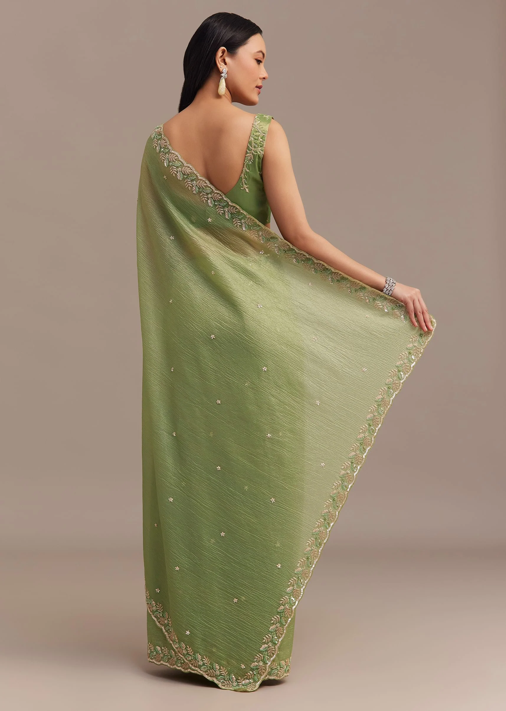 Parrot Green Crushed Tissue Saree With Sequins And Scallop Border - Image 4