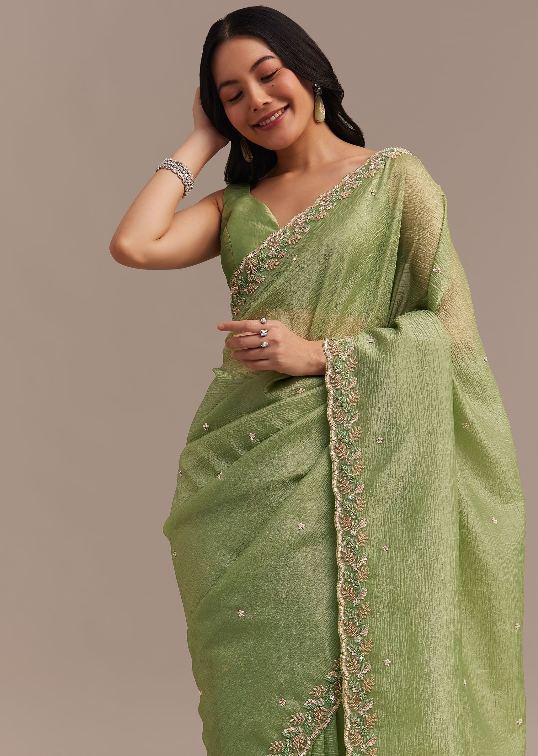 Parrot Green Crushed Tissue Saree With Sequins And Scallop Border - Image 5