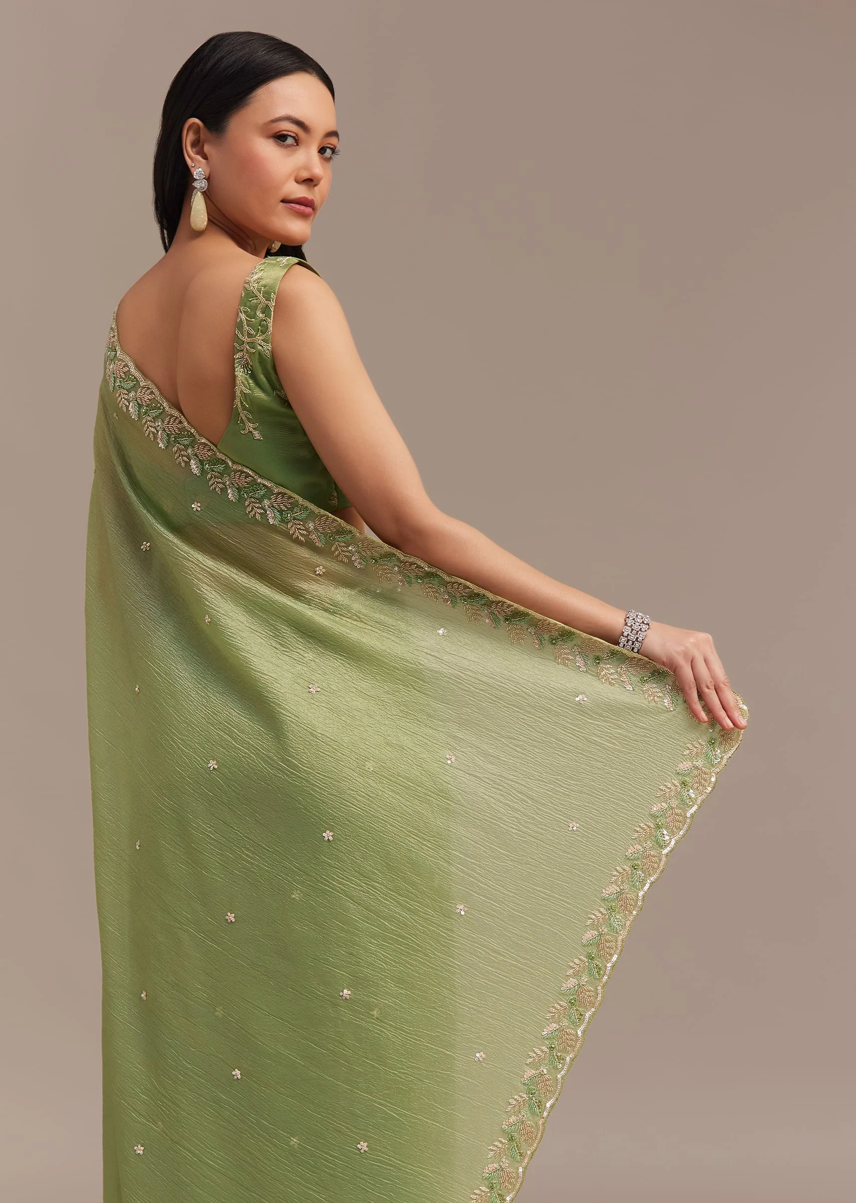 Parrot Green Crushed Tissue Saree With Sequins And Scallop Border - Image 6