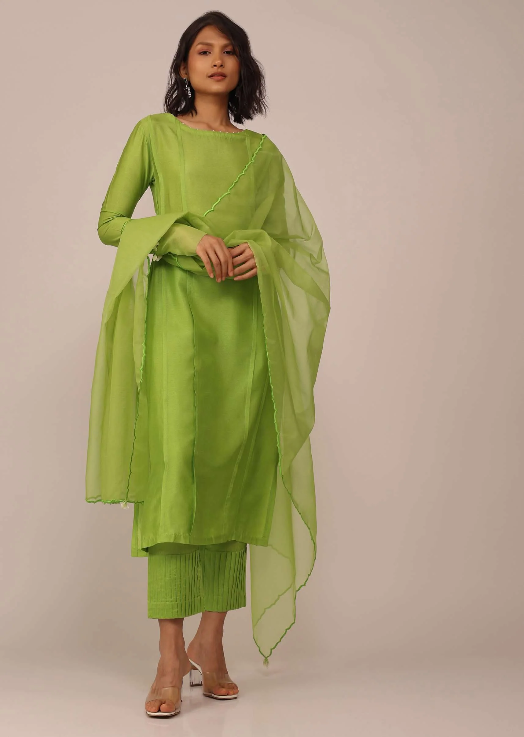 Parrot Green Suit Set In Art Silk With Tassels On The Sleeves - Image 3