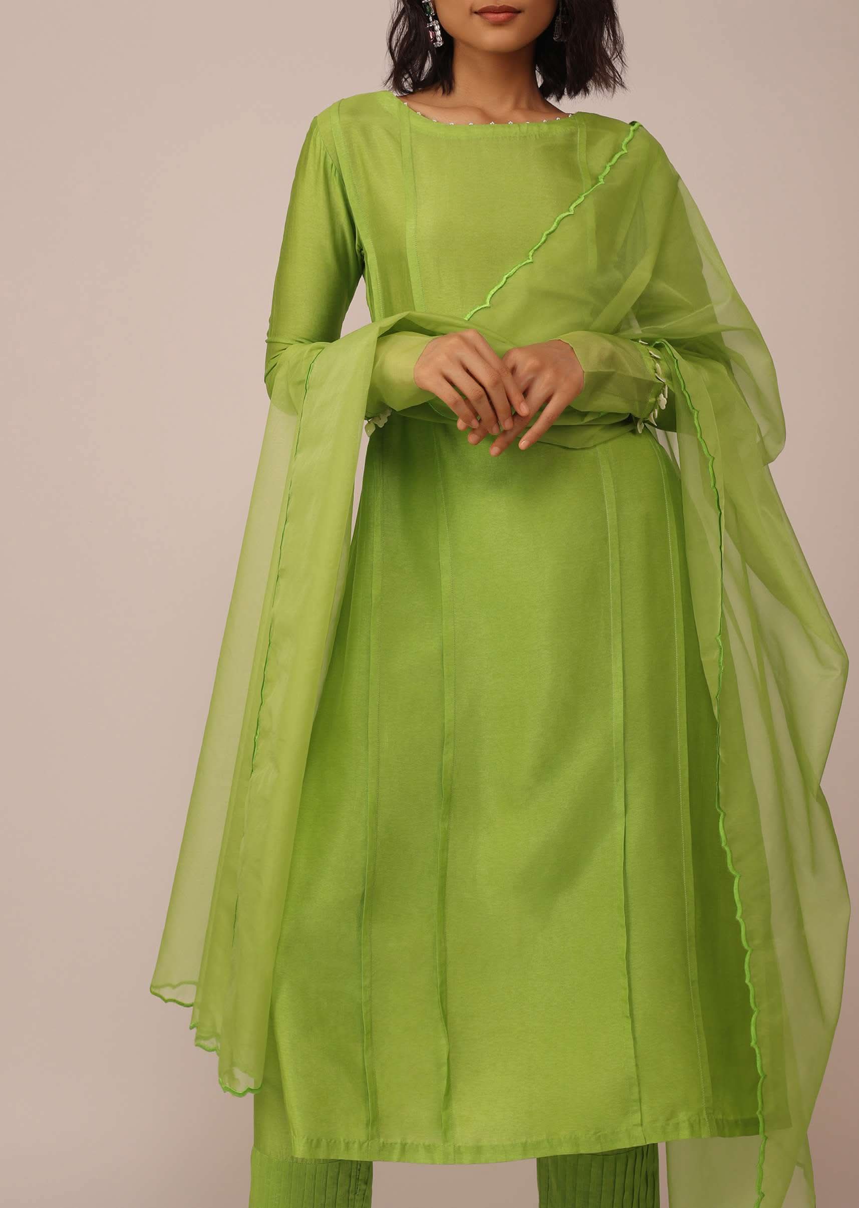 Parrot Green Suit Set In Art Silk With Tassels On The Sleeves - Image 4
