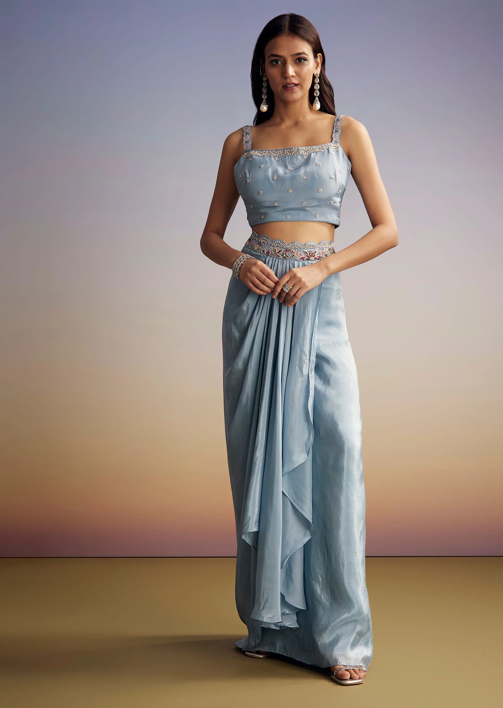 Pastel Blue Crop Top Skirt Set With Embroidered Cape Overlay - Image 5