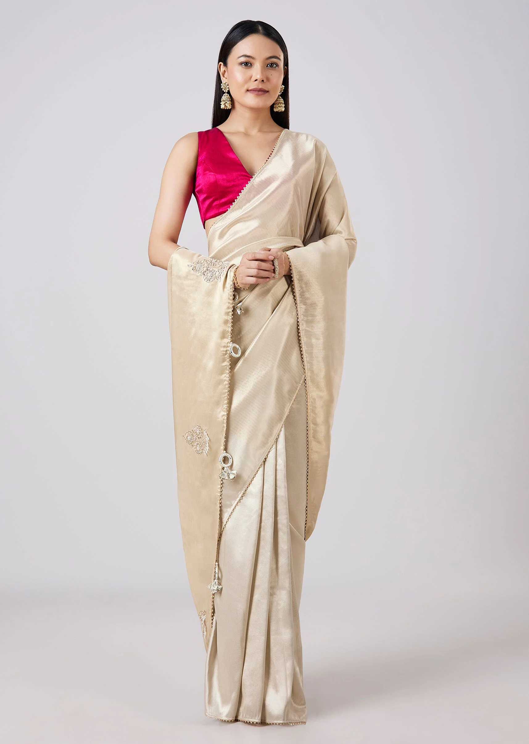 Pastel Cream Solid Saree with Border and Blouse - Image 3