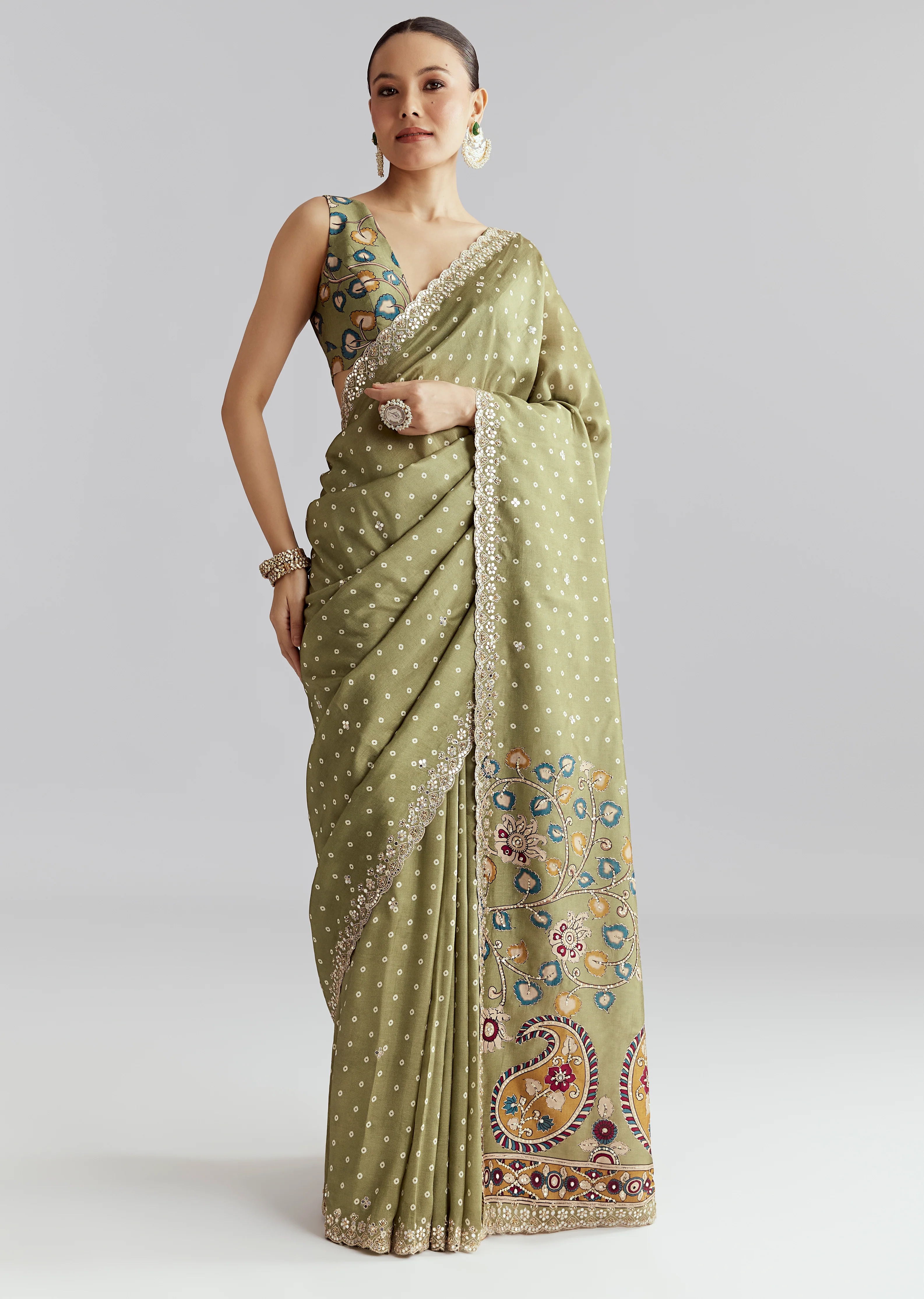 Pastel Day Couple Set – Pista Green Hand-Embroidered Muslin Saree for Her And Pastel Green Mirror Work Kurta Set for Him - Image 3