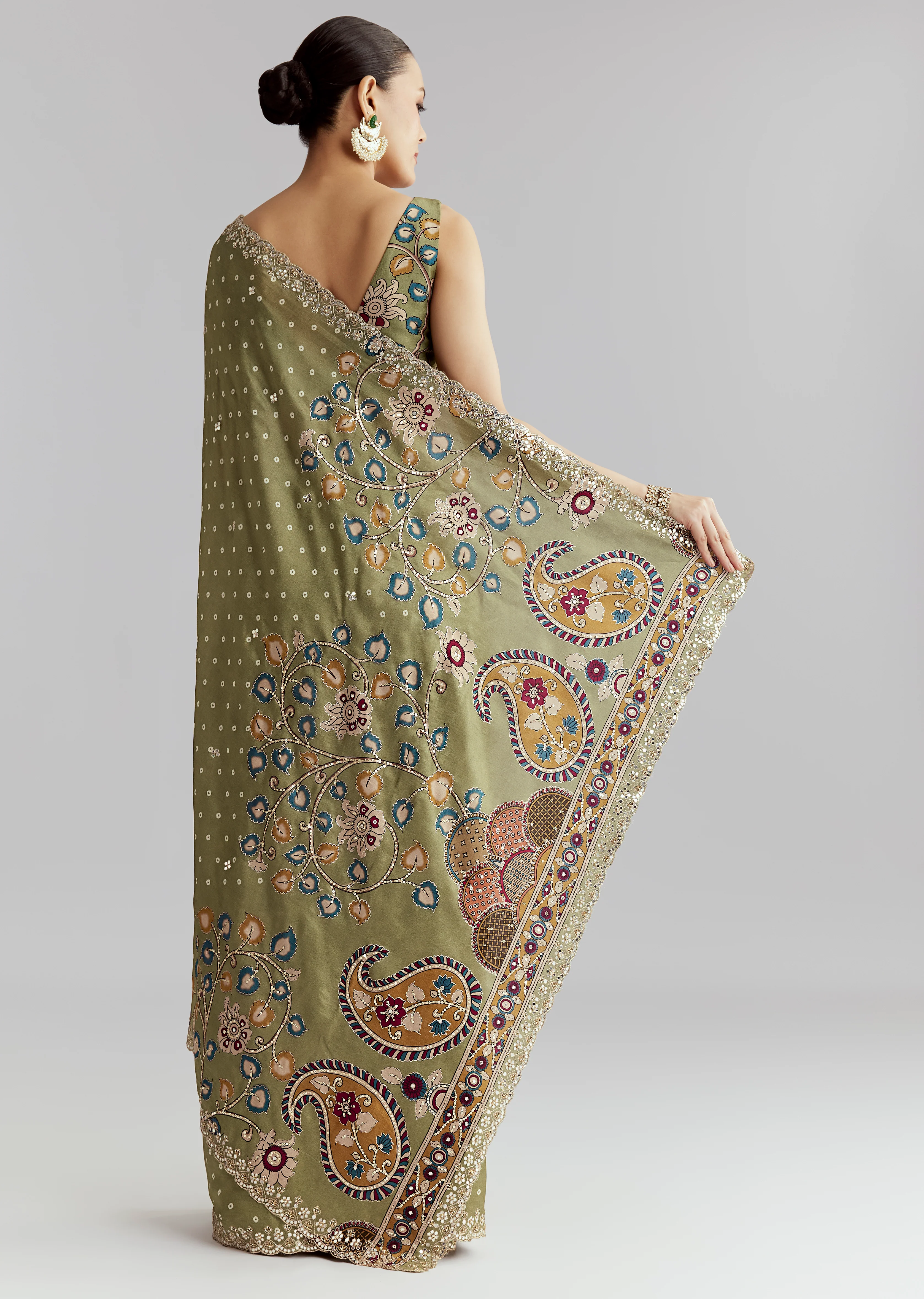 Pastel Day Couple Set – Pista Green Hand-Embroidered Muslin Saree for Her And Pastel Green Mirror Work Kurta Set for Him - Image 4