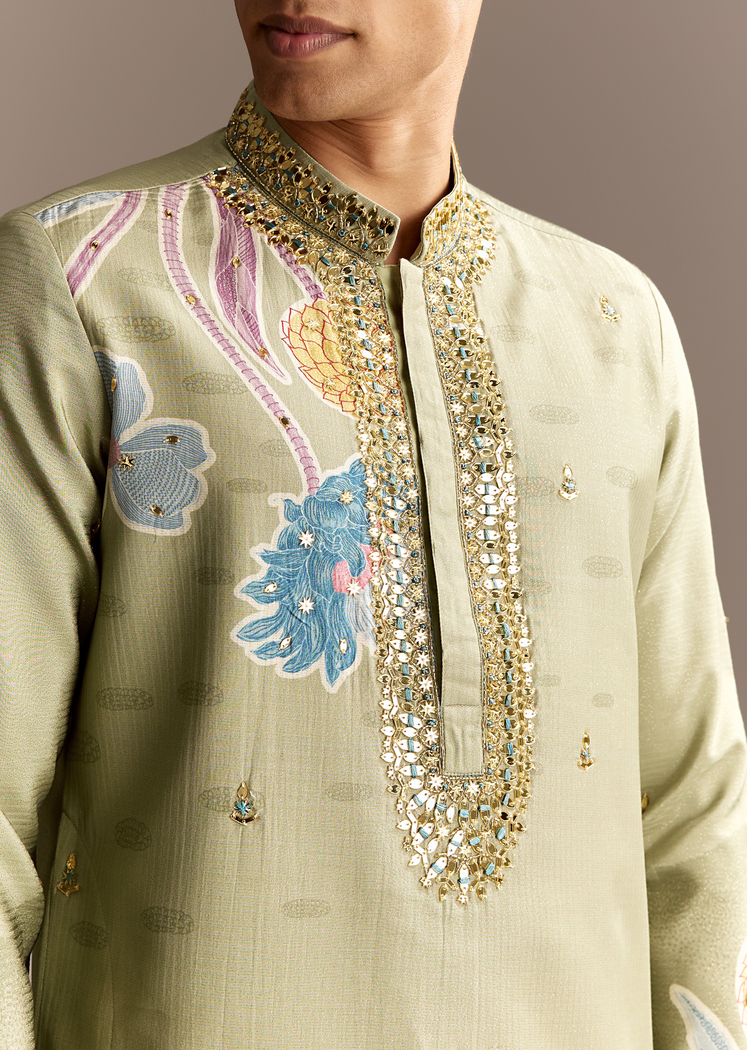 Pastel Day Couple Set – Pista Green Hand-Embroidered Muslin Saree for Her And Pastel Green Mirror Work Kurta Set for Him - Image 5
