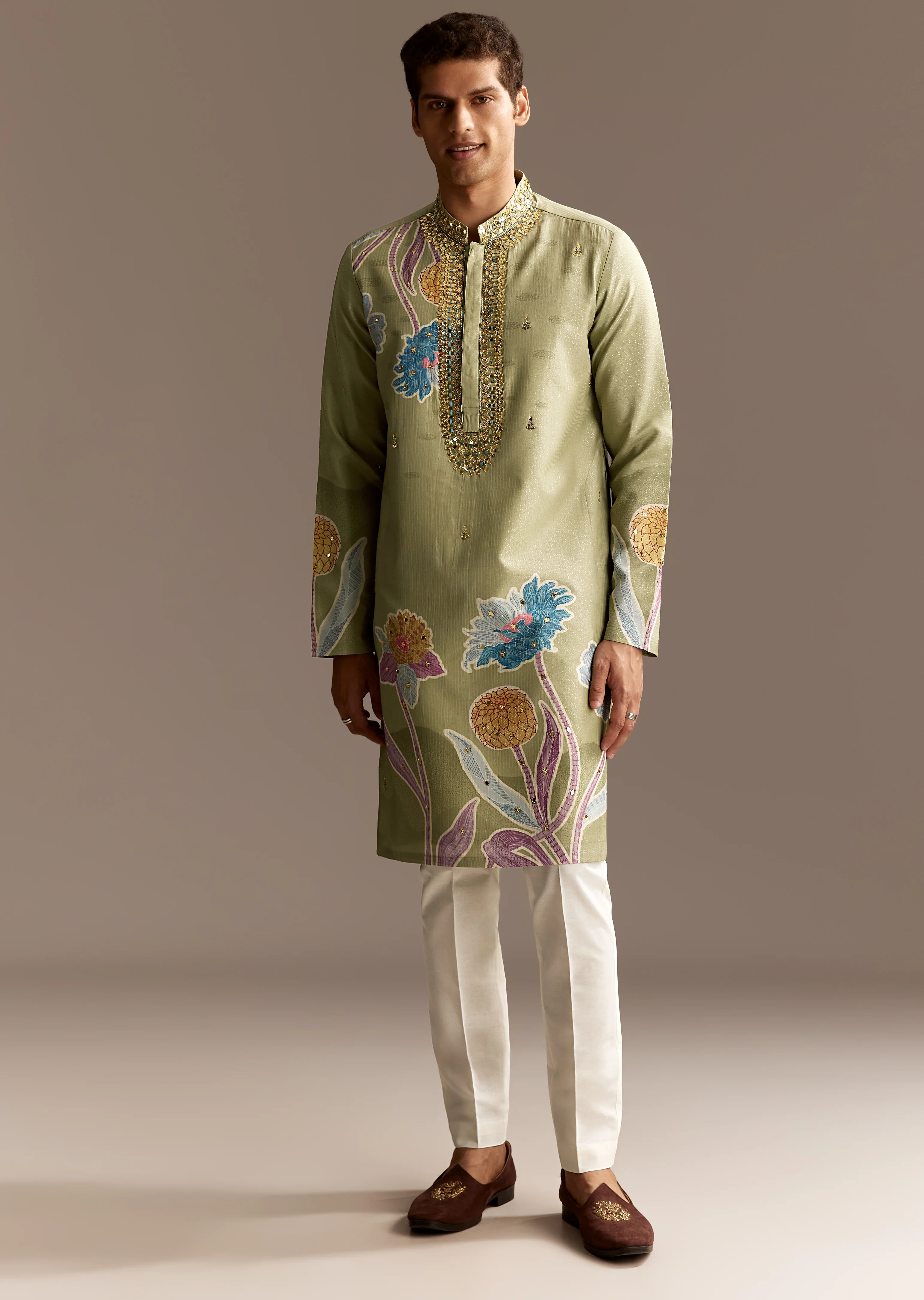 Pastel Day Couple Set – Pista Green Hand-Embroidered Muslin Saree for Her And Pastel Green Mirror Work Kurta Set for Him - Image 6