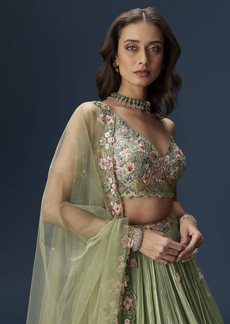 Pastel Green Bridesmaid Lehenga With Embroidered Dupatta - Image 3