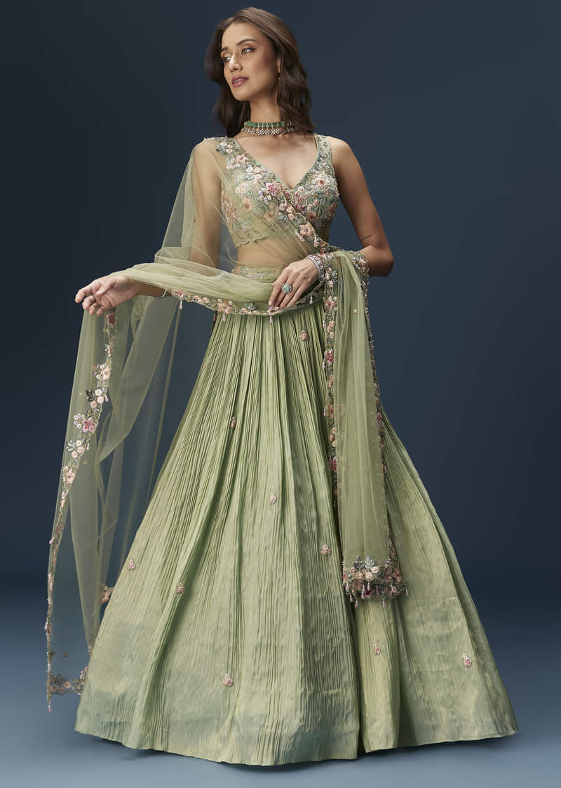 Pastel Green Bridesmaid Lehenga With Embroidered Dupatta - Image 4