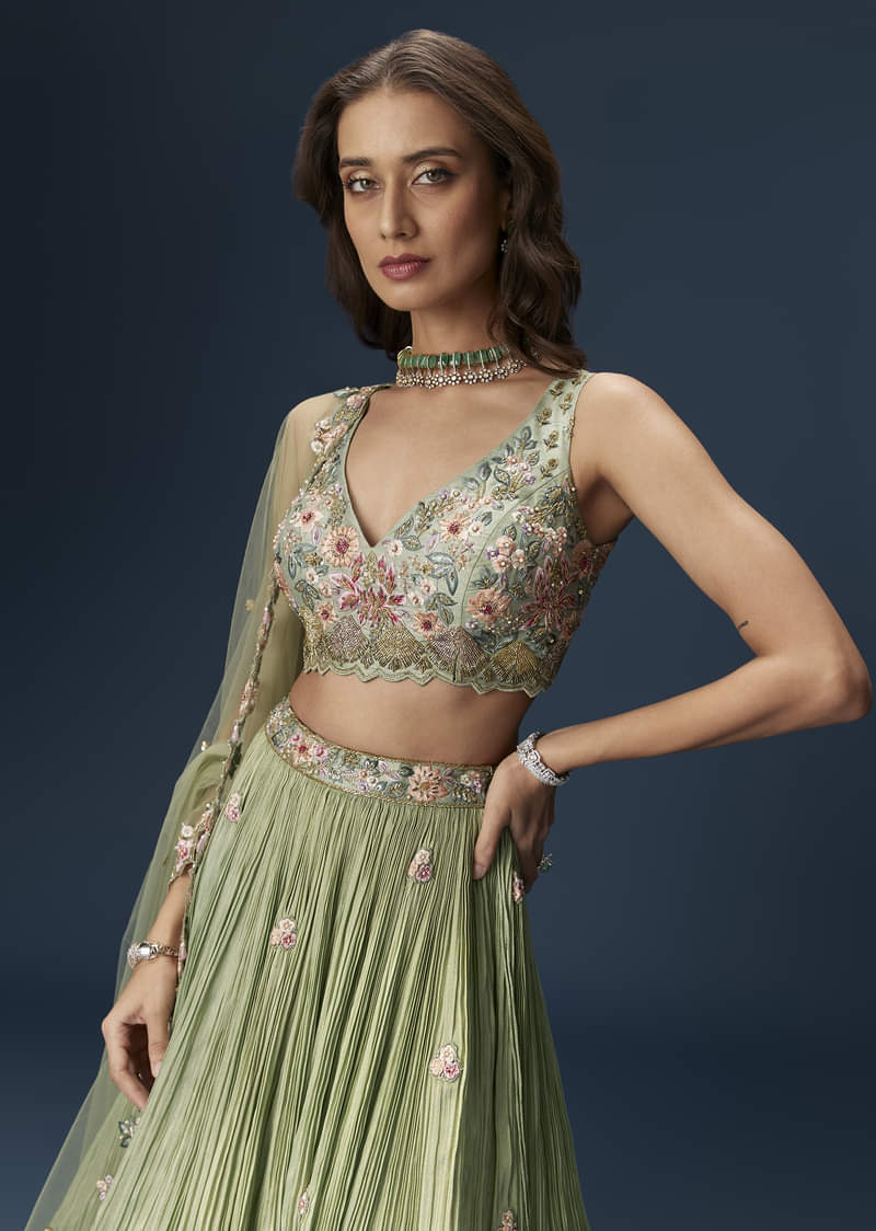 Pastel Green Bridesmaid Lehenga With Embroidered Dupatta - Image 5