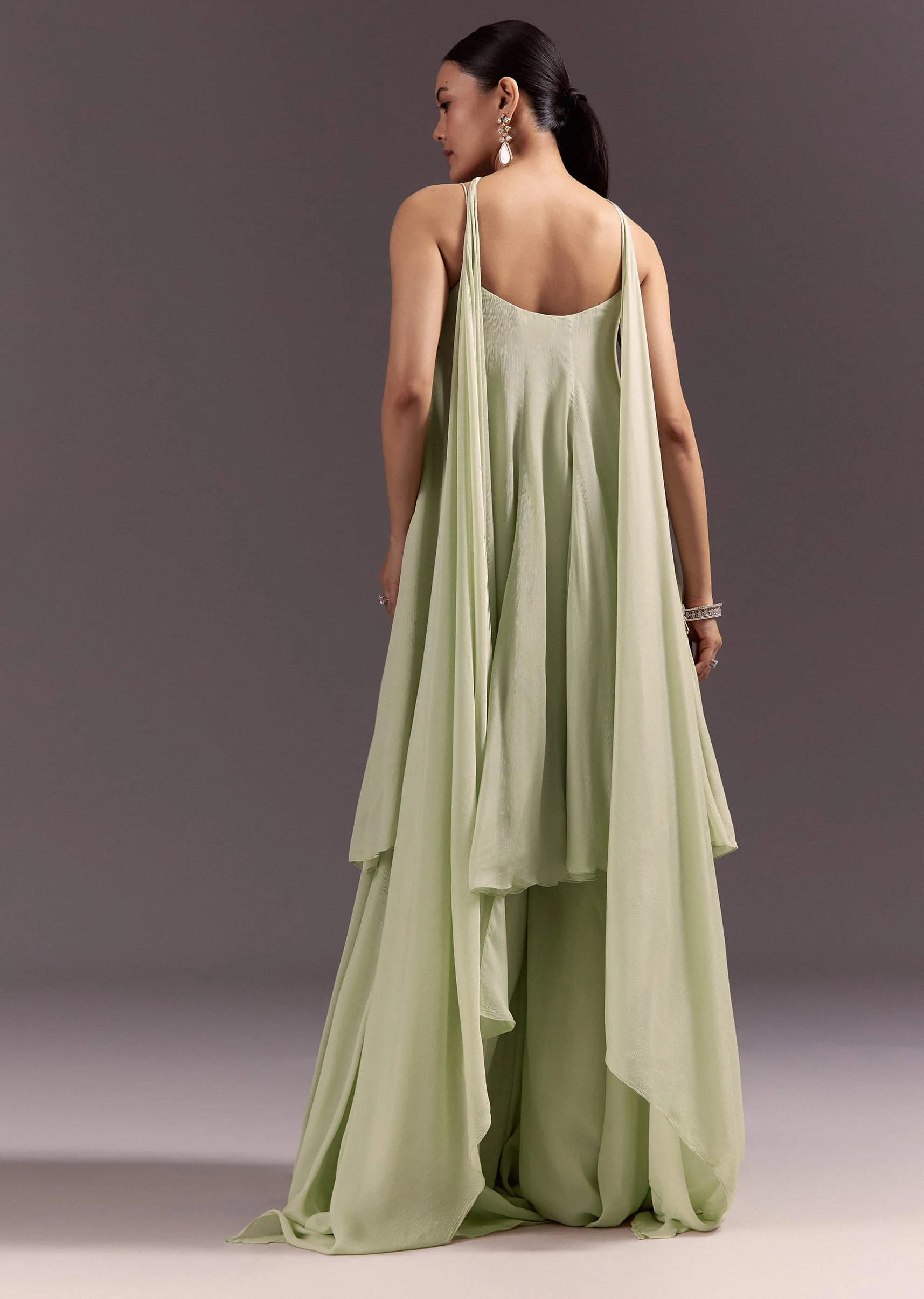 Pastel Green Chinon Embroidered Kurti With Flared Pant Set - Image 5