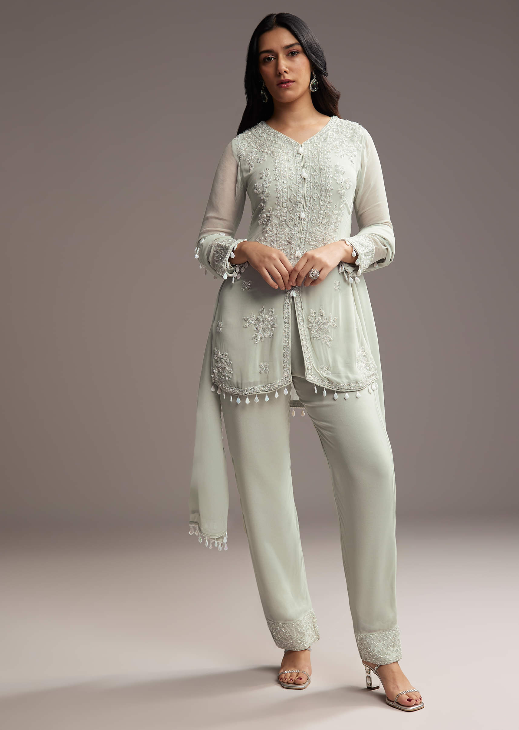 Pastel Green Georgette Kurta Set With Bead Embroidery - Image 2