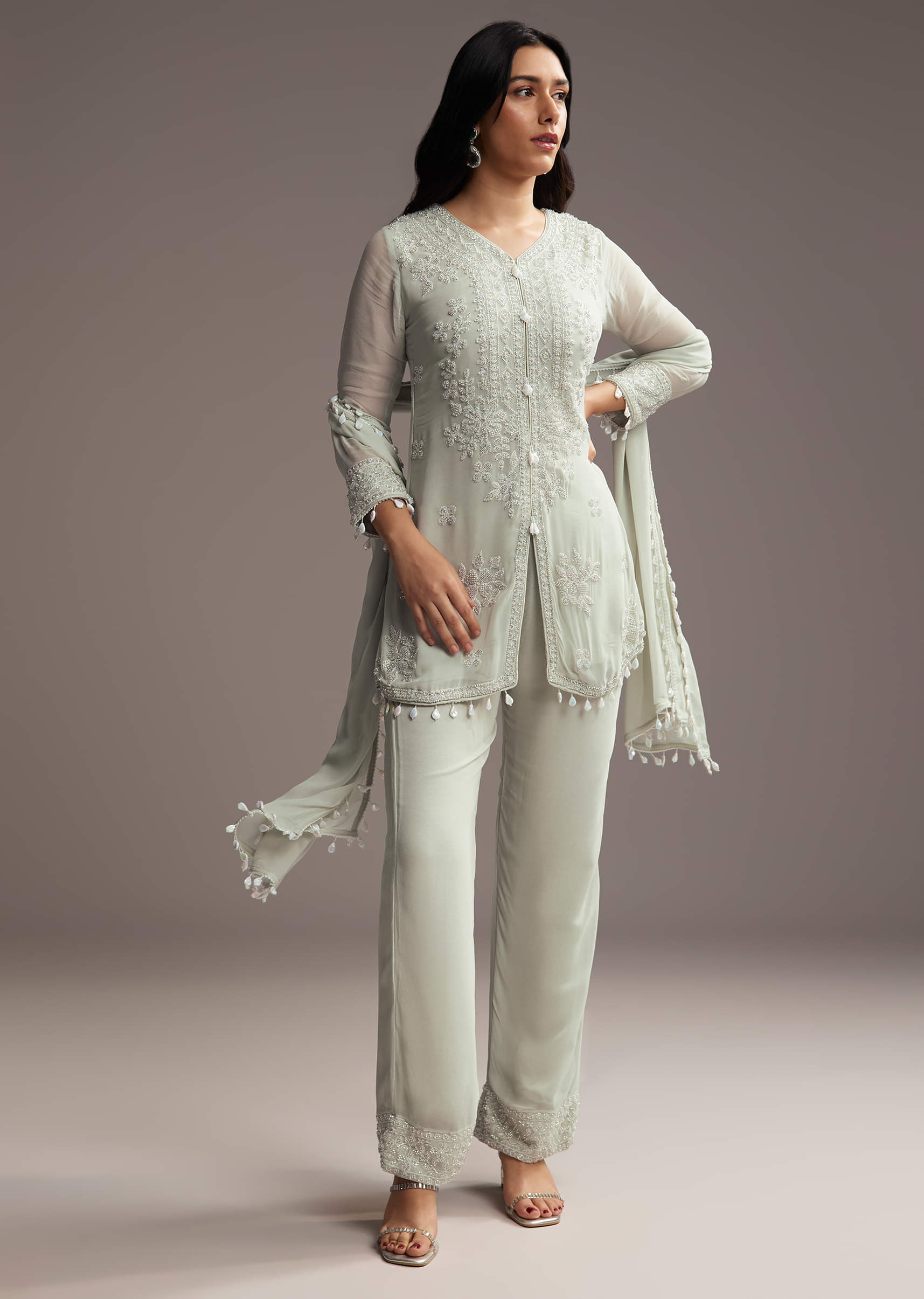 Pastel Green Georgette Kurta Set With Bead Embroidery - Image 4