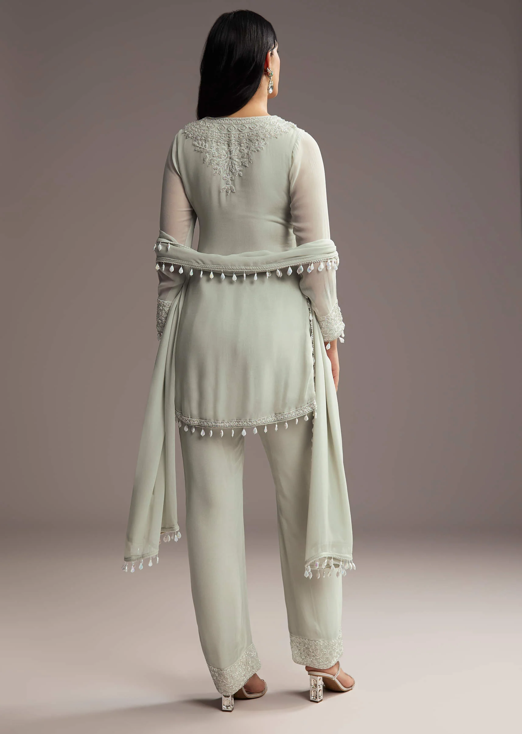 Pastel Green Georgette Kurta Set With Bead Embroidery - Image 5
