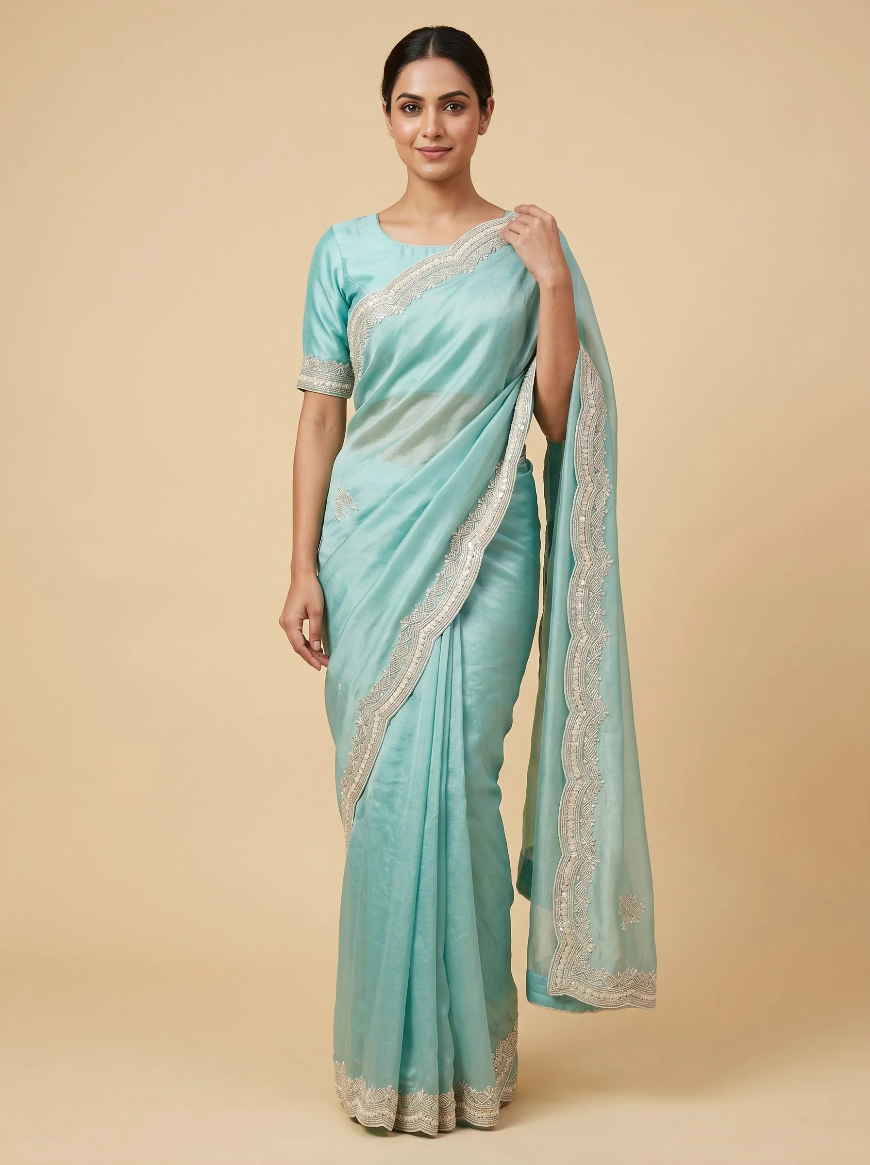 Pastel Green Light Embroidered Saree
