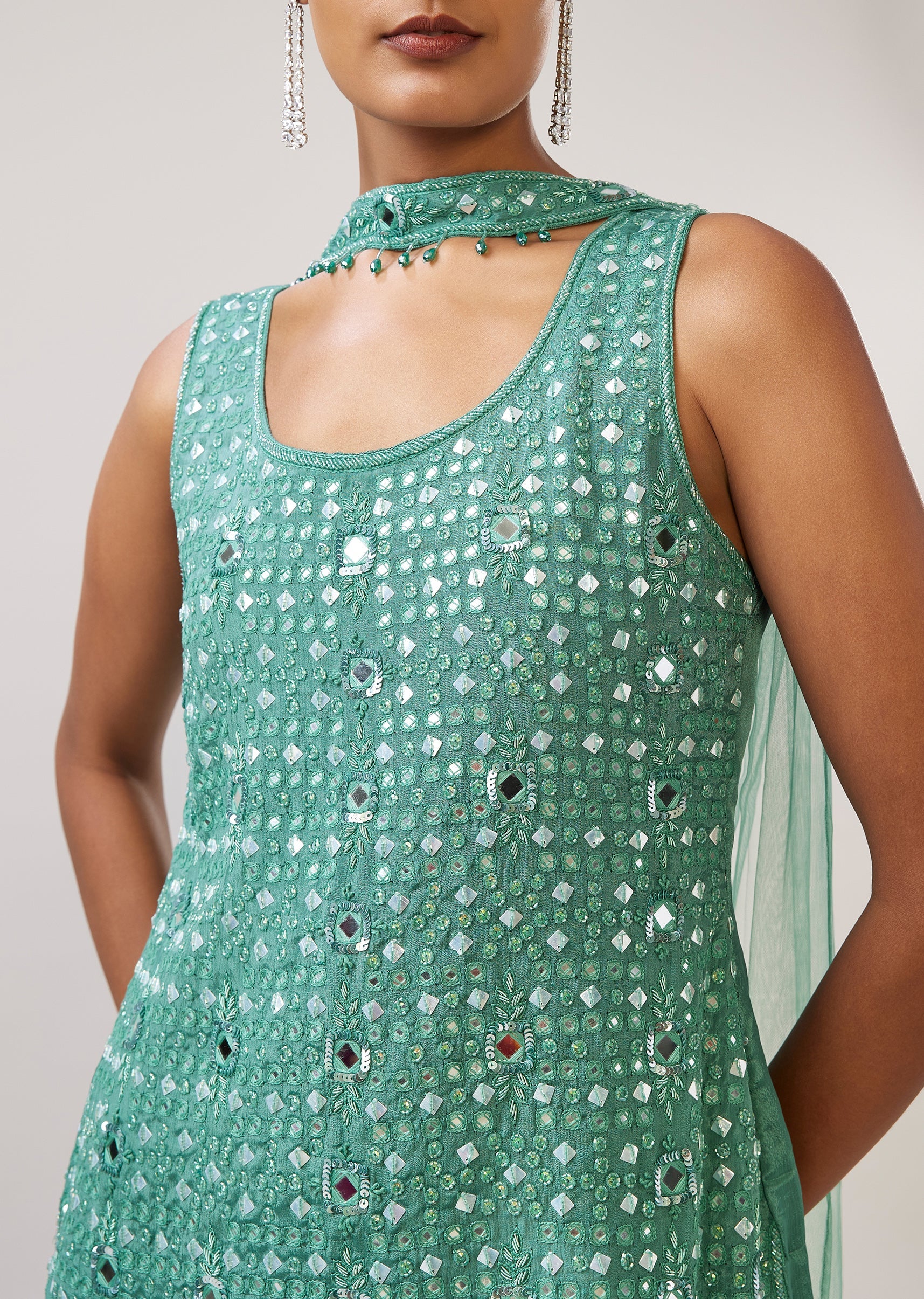 Pastel Green Mirror Sequin Sharara Suit With Dupatta - Image 2