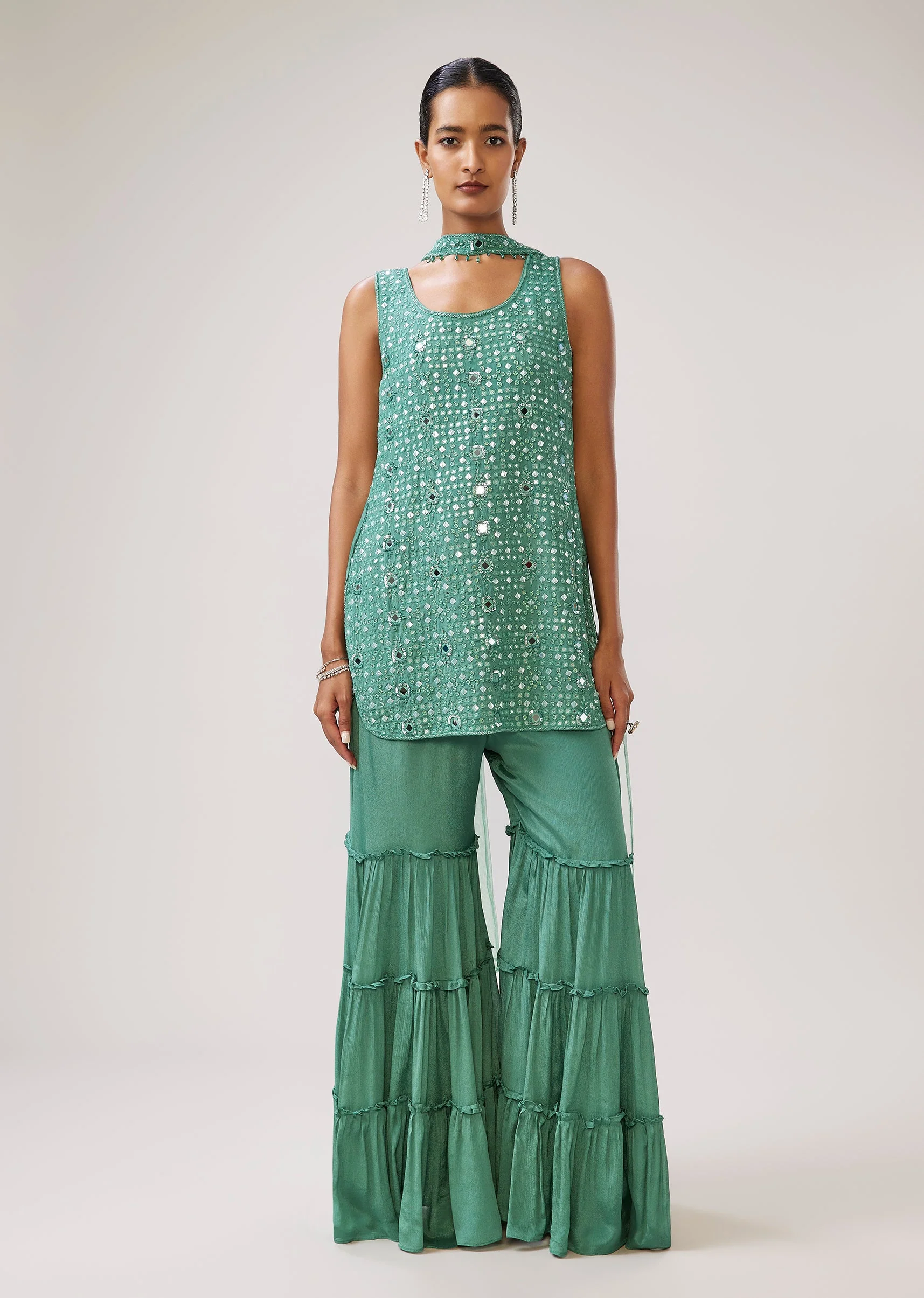 Pastel Green Mirror Sequin Sharara Suit With Dupatta - Image 3