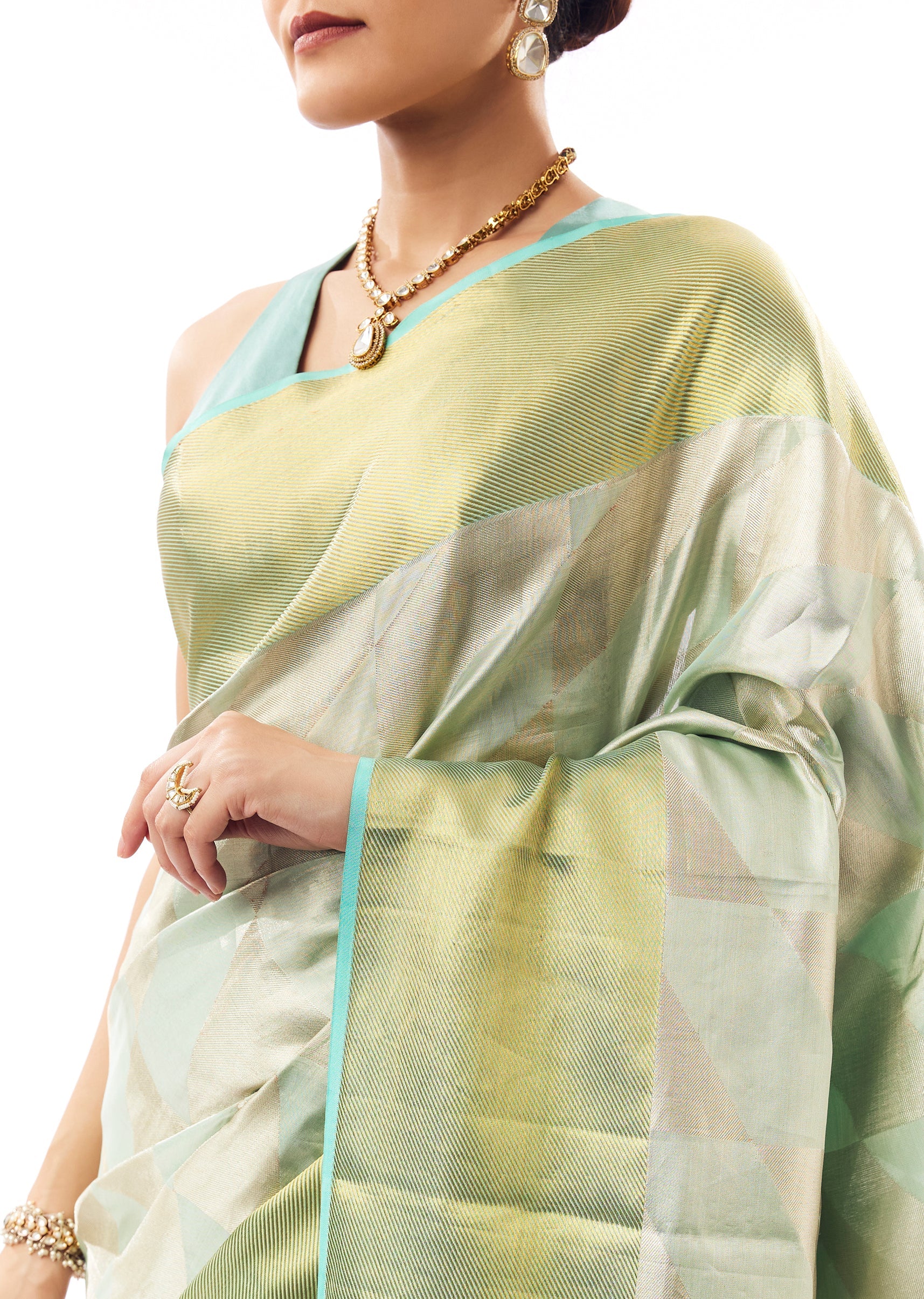 Pastel Green Silk Woven Saree With Geometric Weave - Image 2