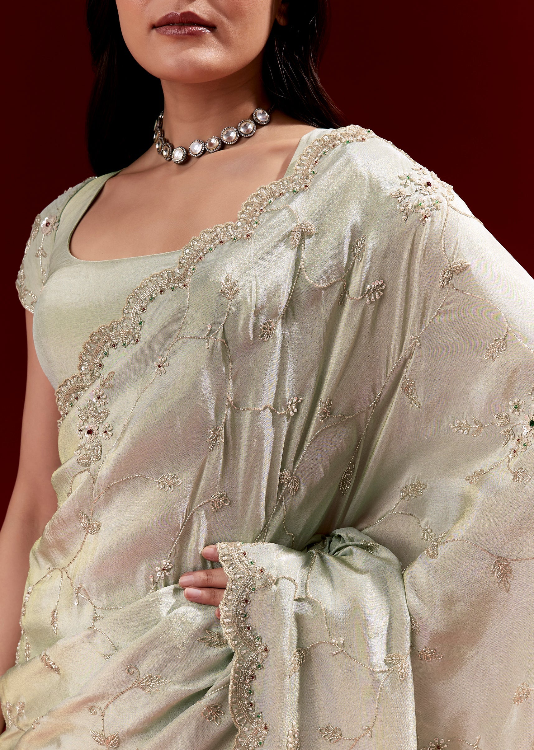 Pastel Green Tissue Saree With Heavy Floral Jaal Embroidery And Zardosi Highlights - Image 2