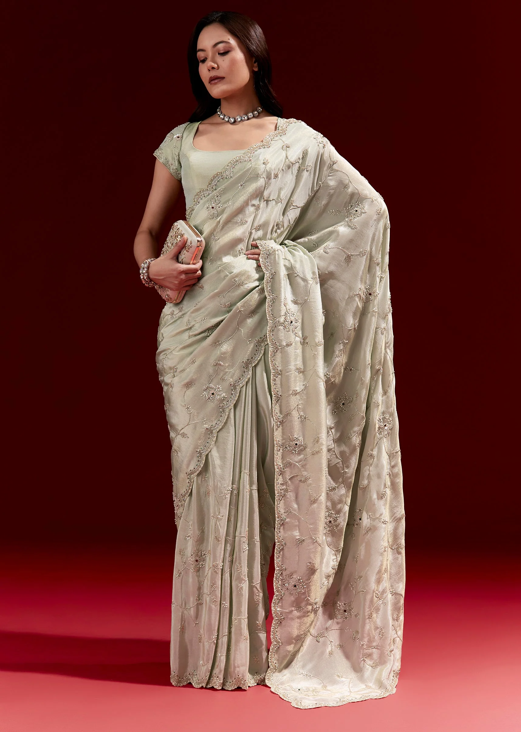 Pastel Green Tissue Saree With Heavy Floral Jaal Embroidery And Zardosi Highlights - Image 3