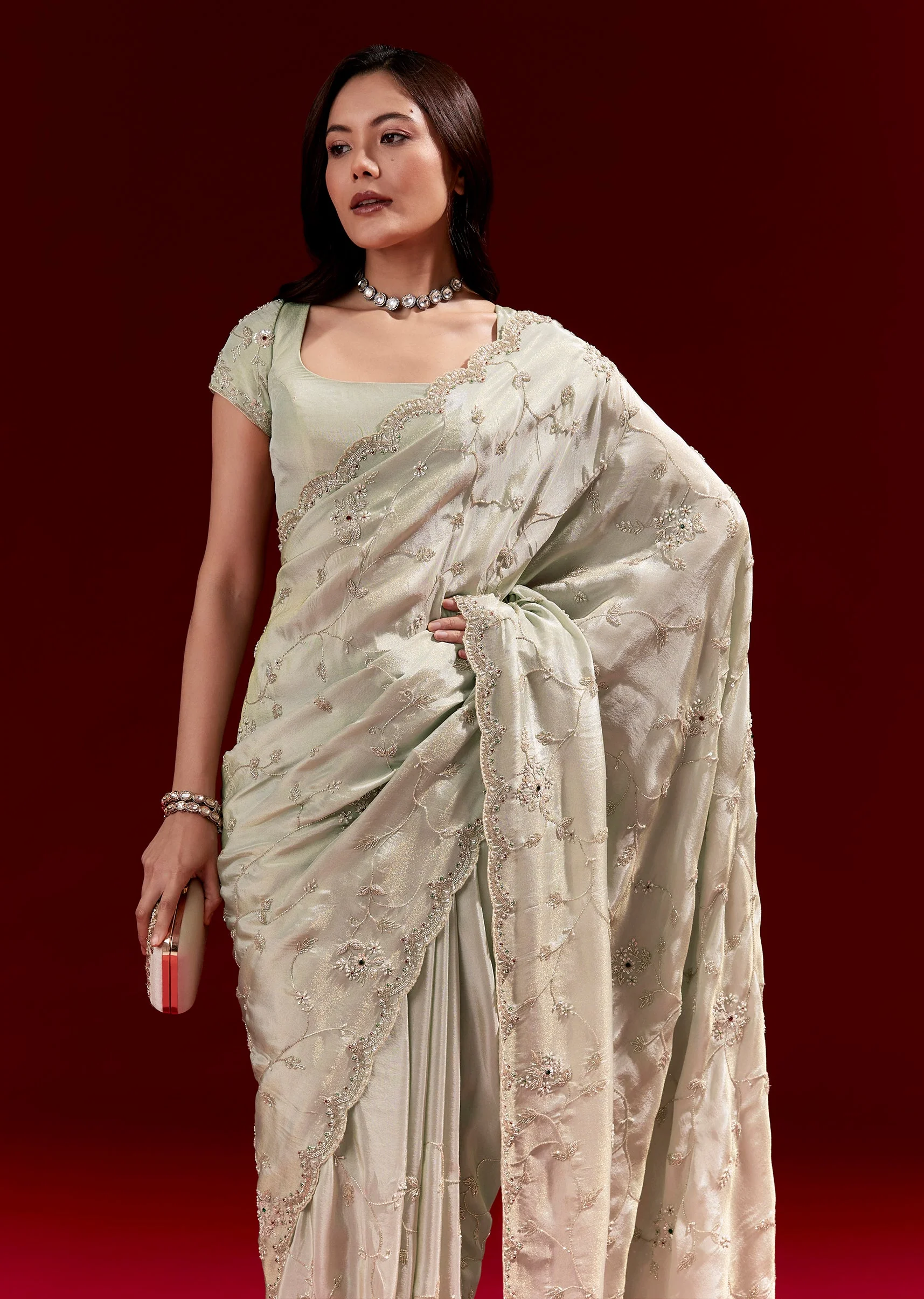 Pastel Green Tissue Saree With Heavy Floral Jaal Embroidery And Zardosi Highlights - Image 5