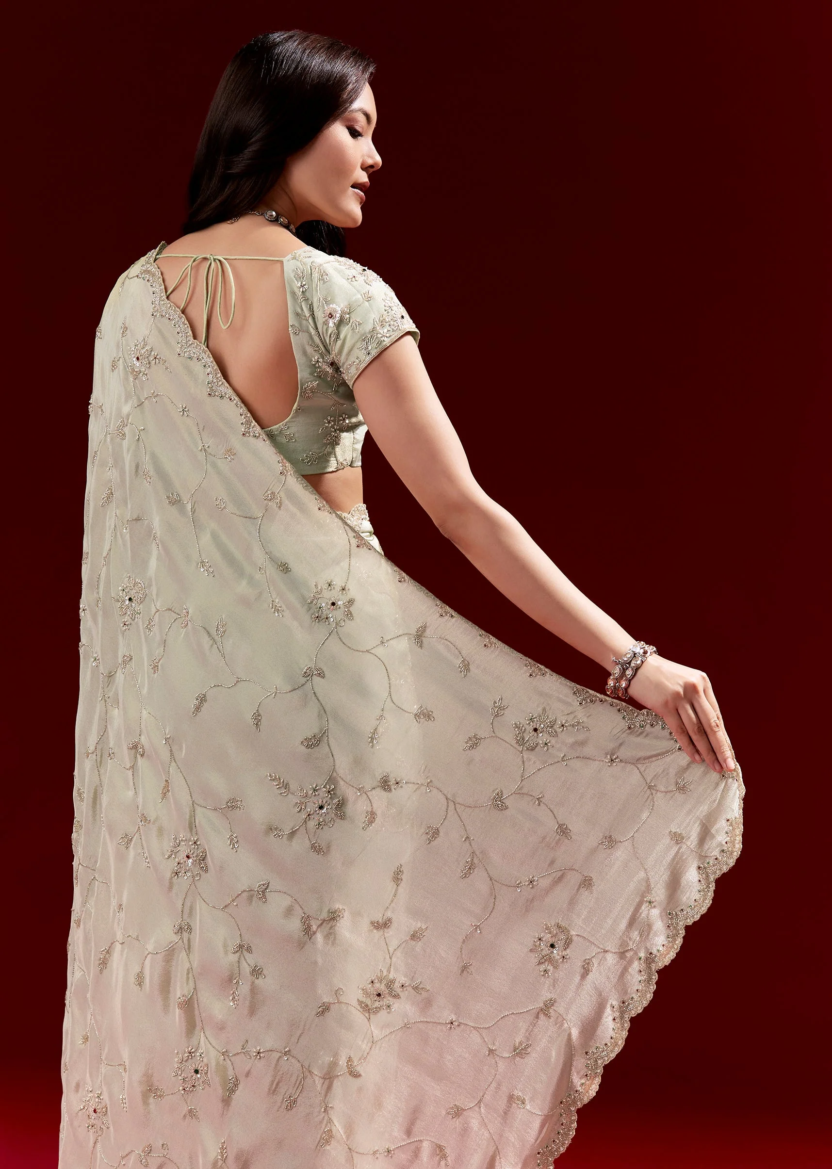 Pastel Green Tissue Saree With Heavy Floral Jaal Embroidery And Zardosi Highlights - Image 6